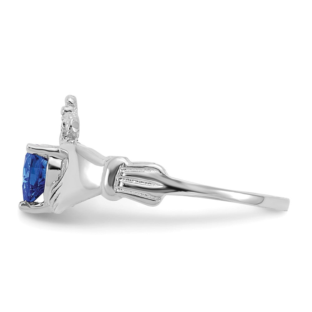 14k White Gold CZ September Birthstone Claddagh Heart Ring