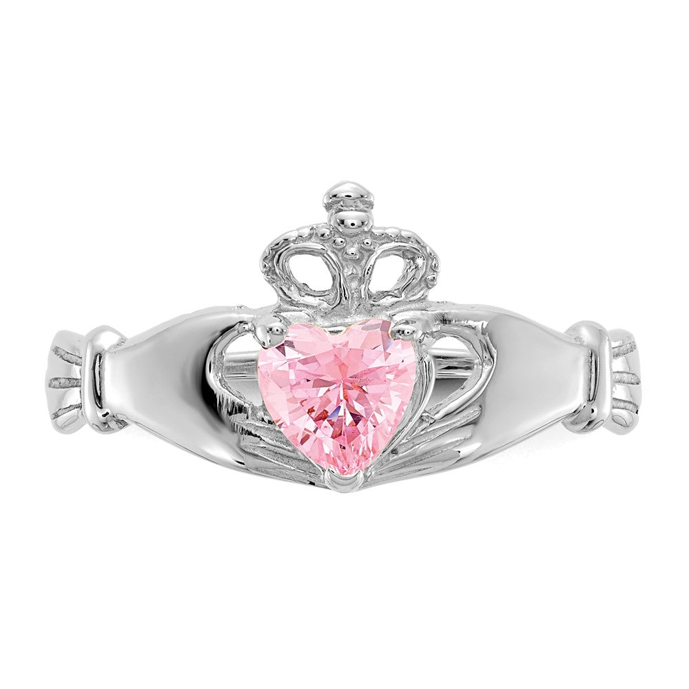 14k White Gold CZ October Birthstone Claddagh Heart Ring
