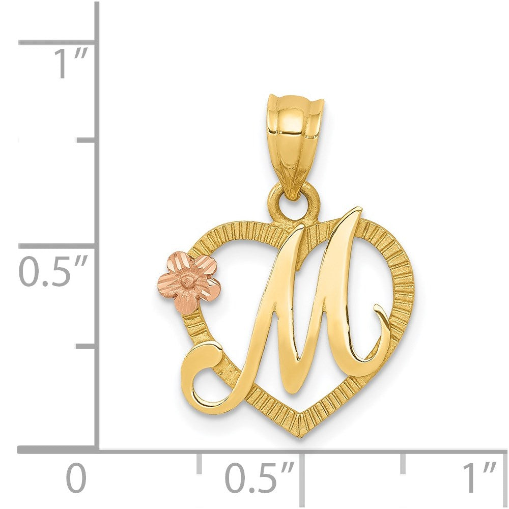 14k Two-Tone Heart Letter M Initial Pendant