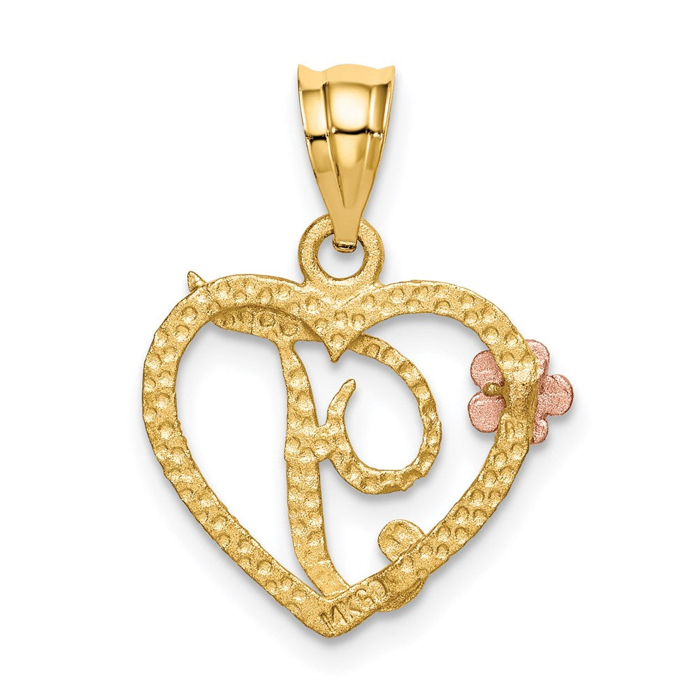 14k Two-Tone Heart Letter T Initial Pendant