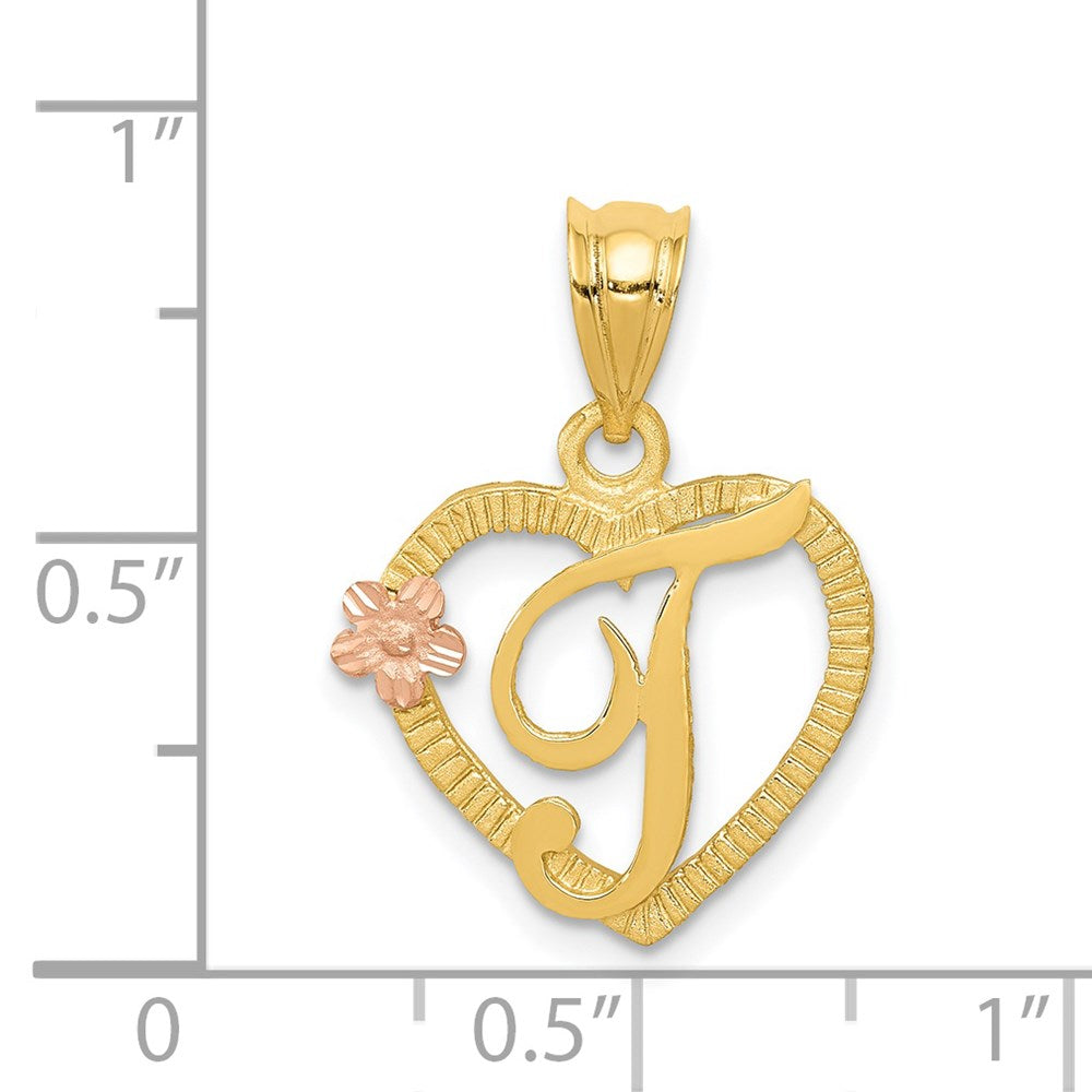 14k Two-Tone Heart Letter T Initial Pendant