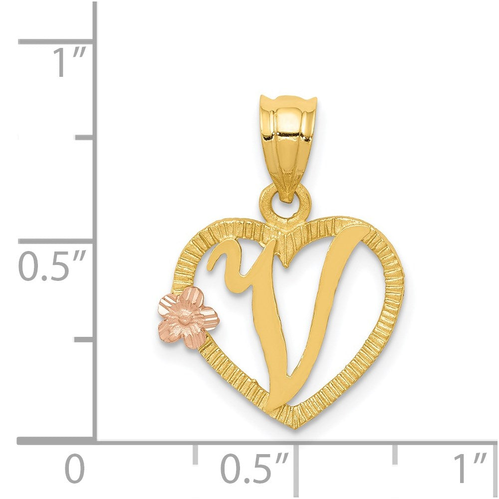 14k Two-Tone Heart Letter V Initial Pendant