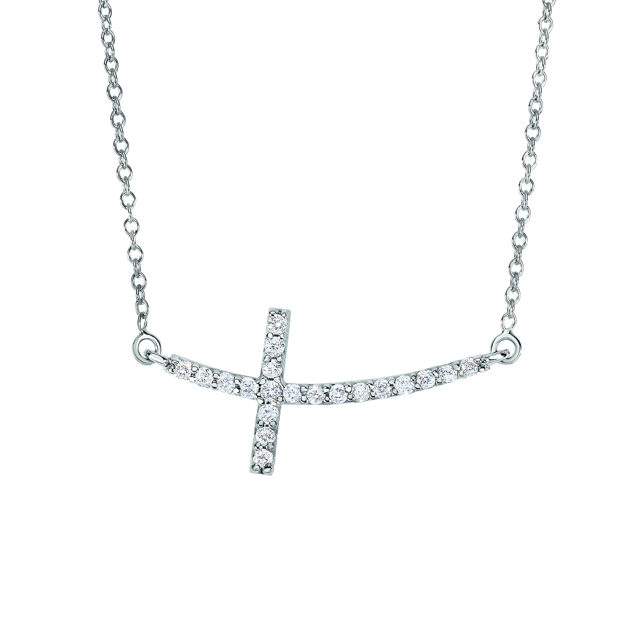 14K White Gold 18" .22ct Diamond Side Cross Necklace