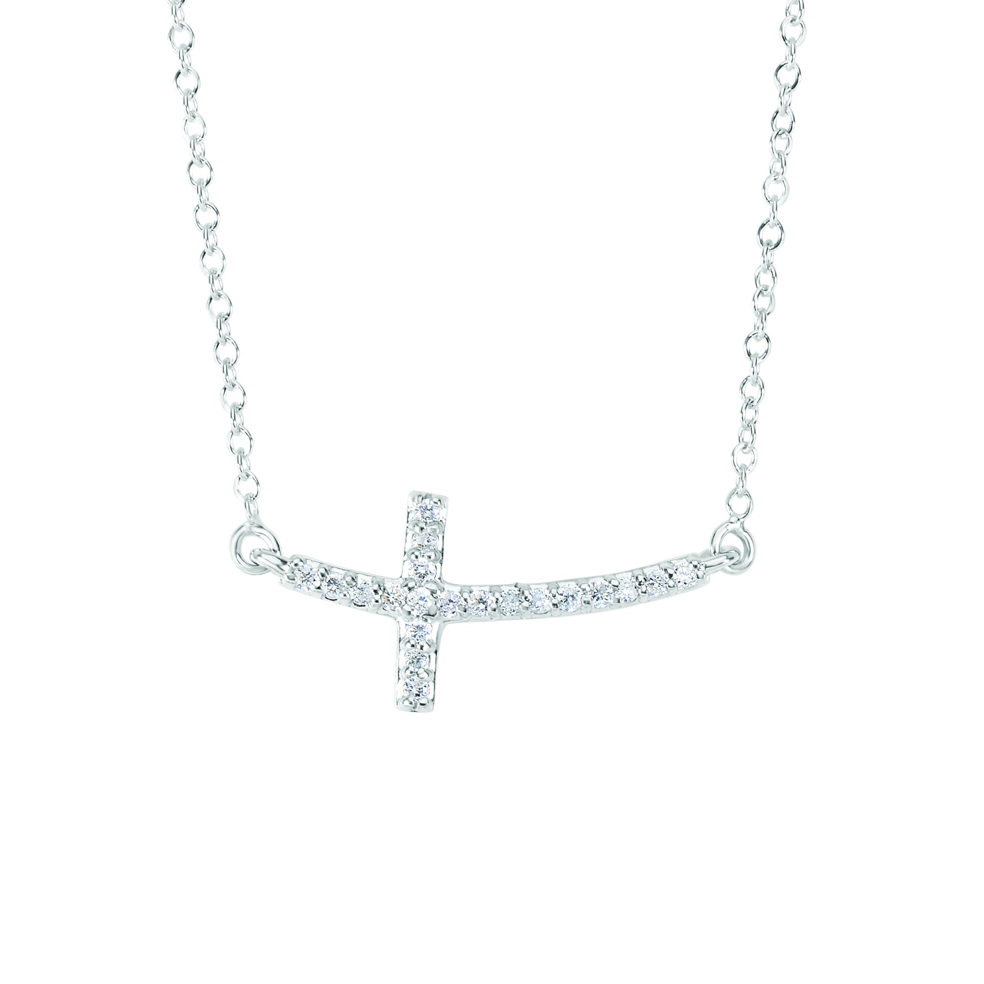14K White Gold 18" .12ct Diamond Side Cross Necklace