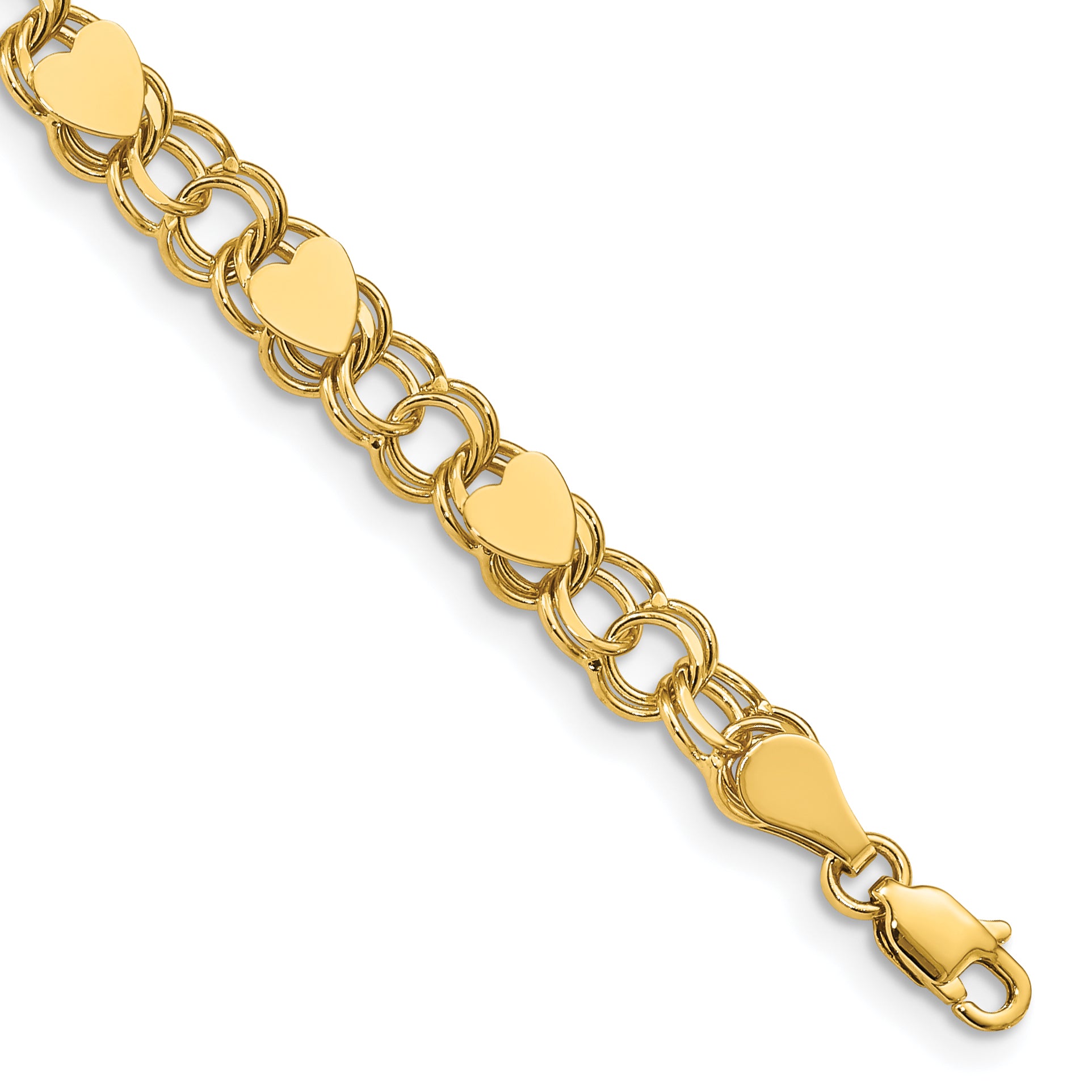 14K Double Link With Hearts Charm Bracelet