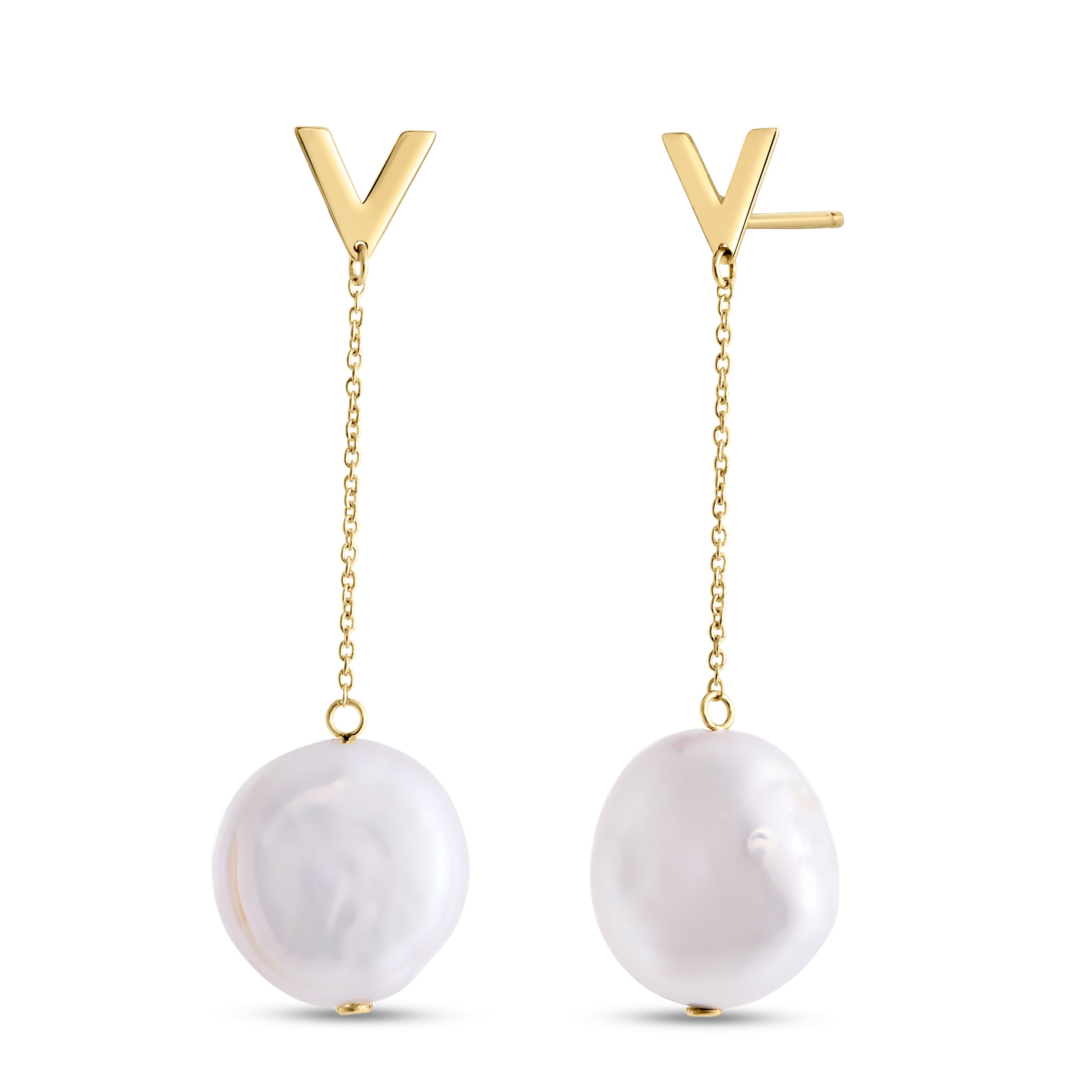 14K Yellow Gold V Drop Keshi Pearl Earrings With Push Back Clasp