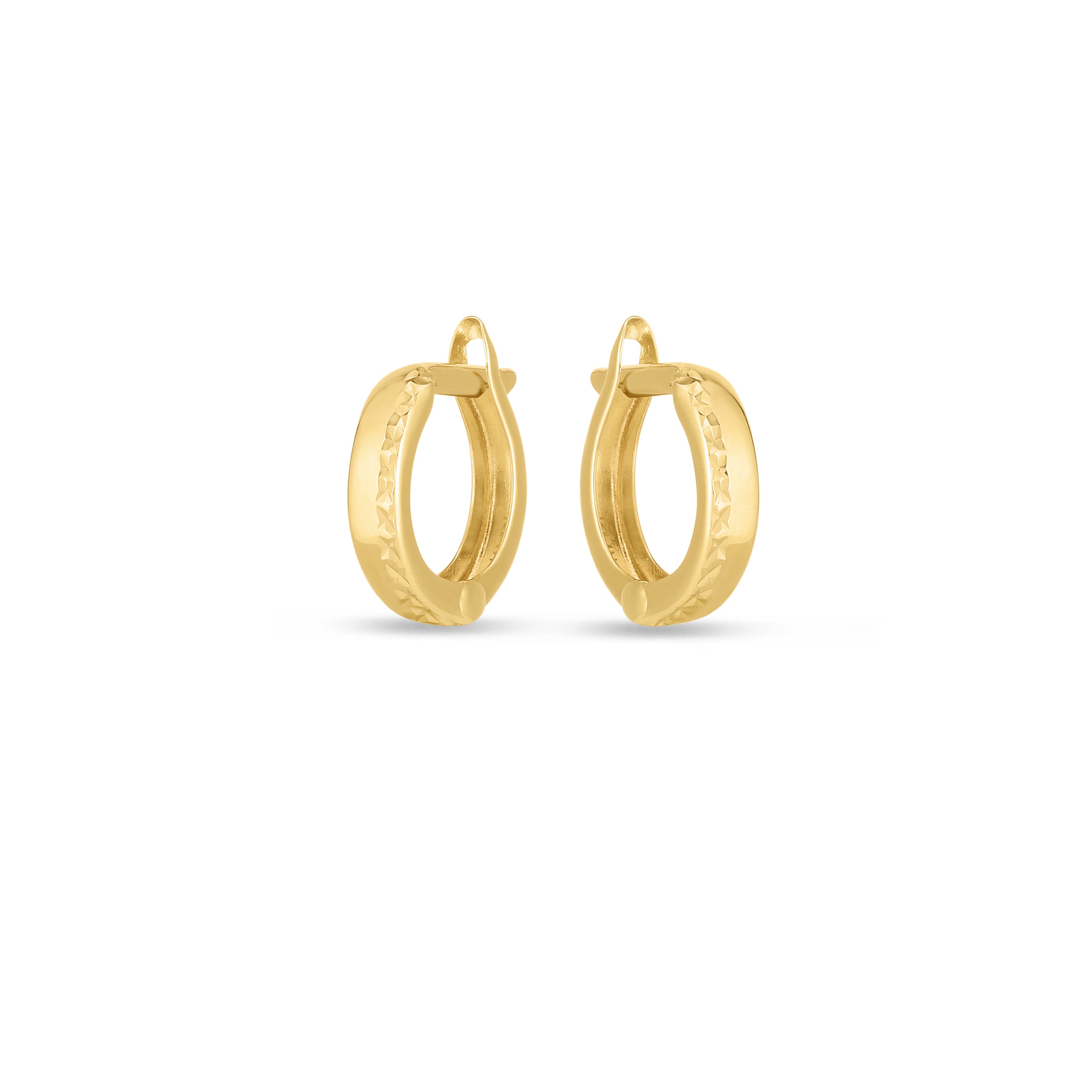 14K Yellow Gold Round Textured Huggie Hoops With Snap Clasp