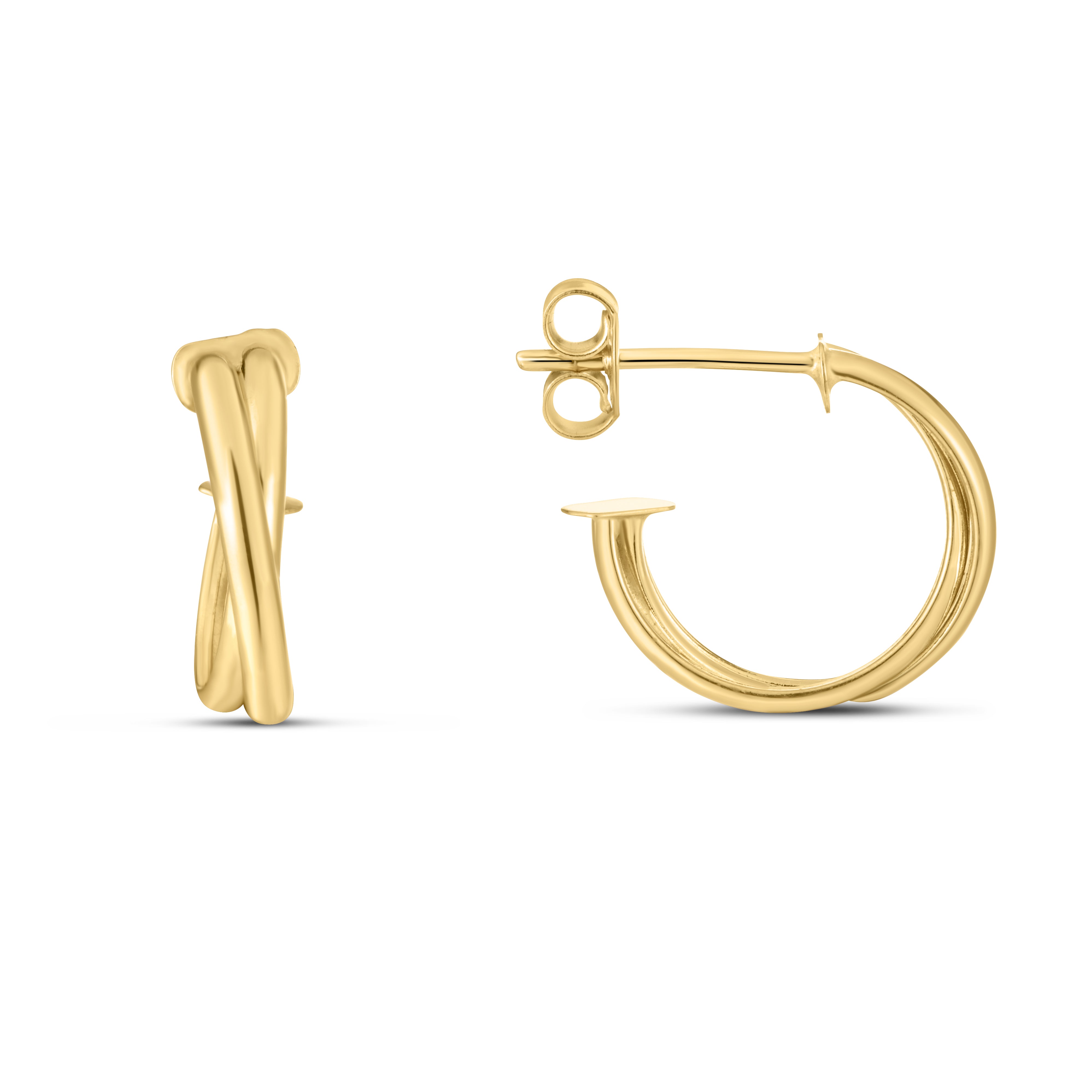 14K Yellow Gold Polished Crossover Hoops Earrings with Push Back Clasp