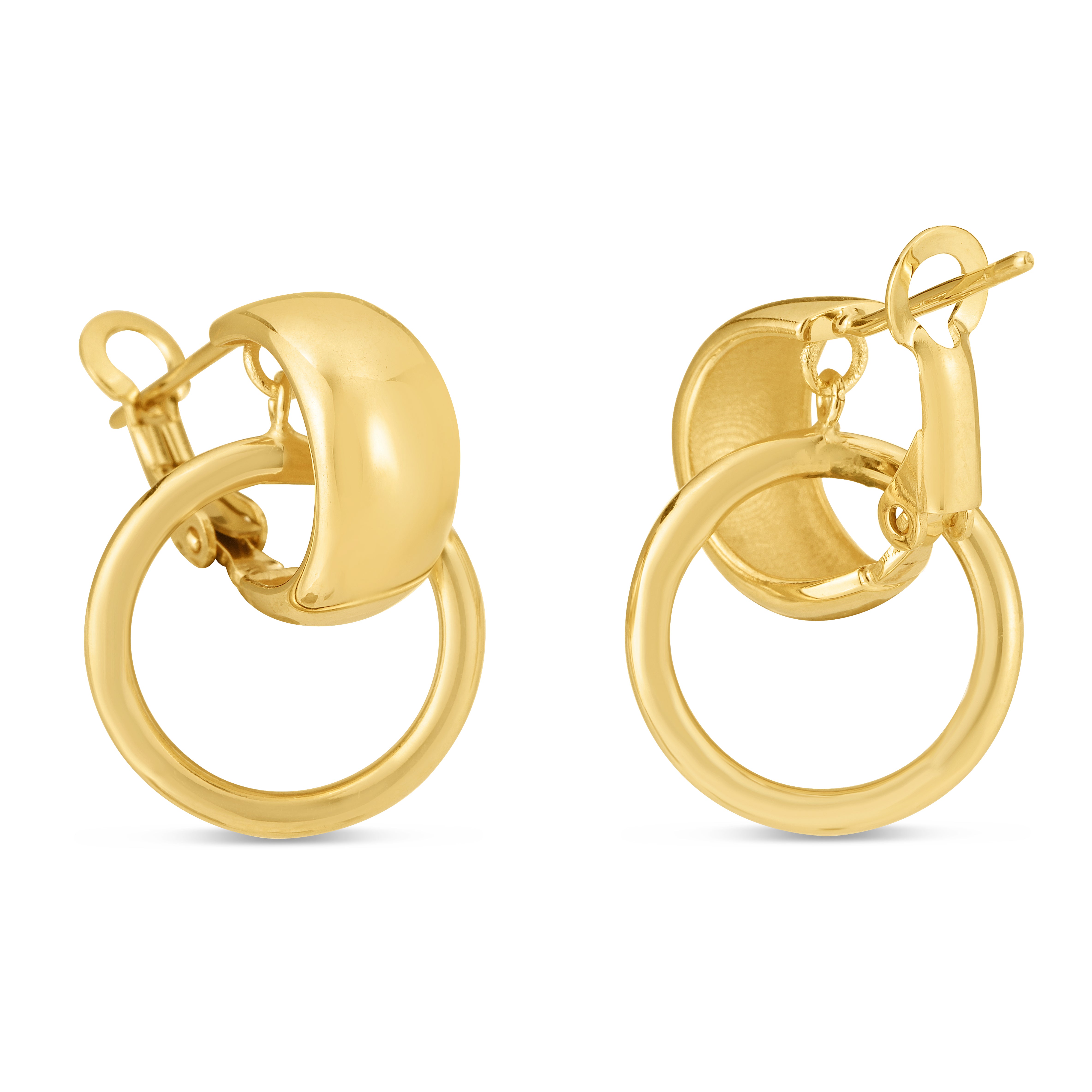 14K Yellow Gold Interlocking Drop Hoops Earring With Omega Back Clasp