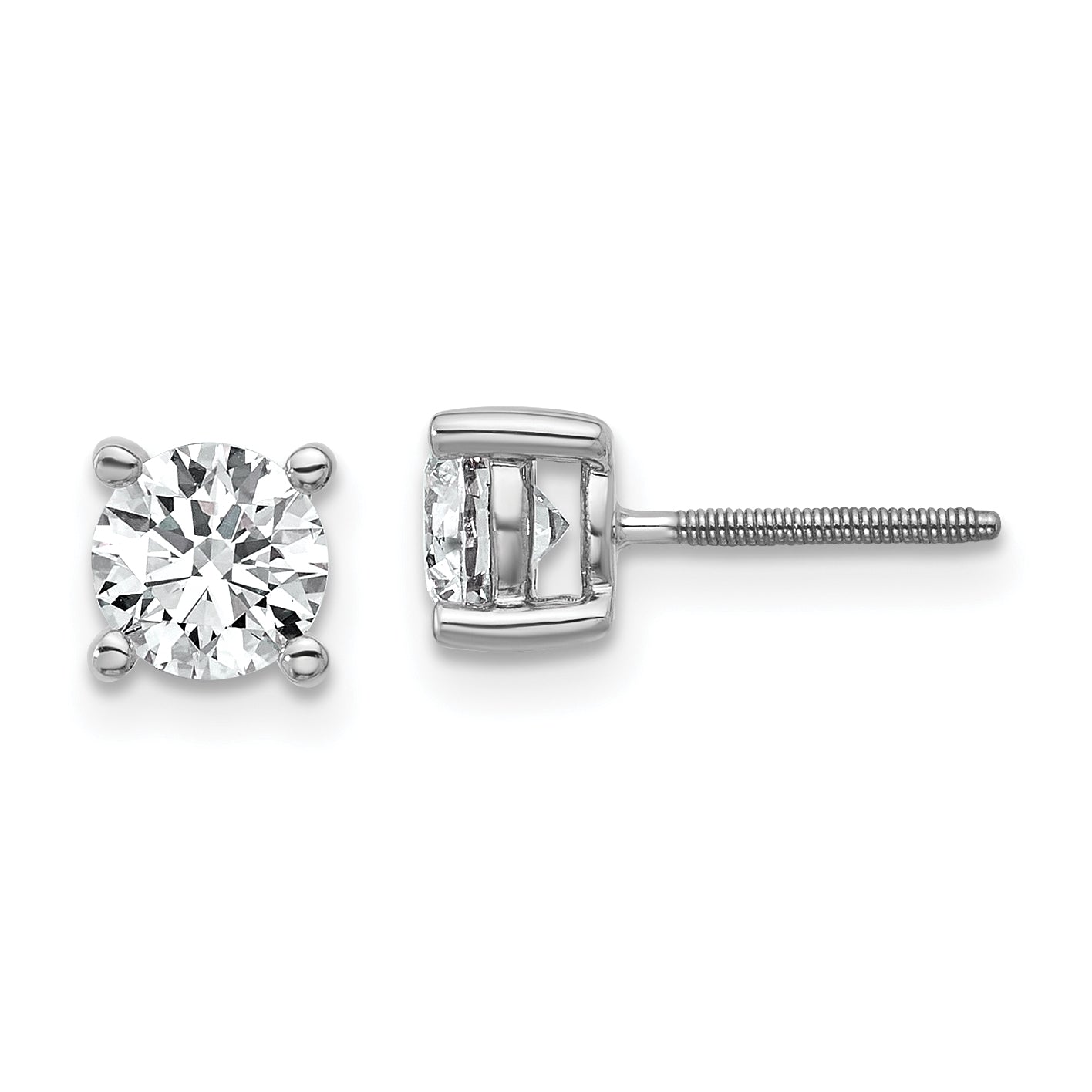14K White Gold 1 Carat Total Weight Round Certified Vs/Si Gh Lab Grown Diamond Screw Back 4 Prong Stud Post Earrings