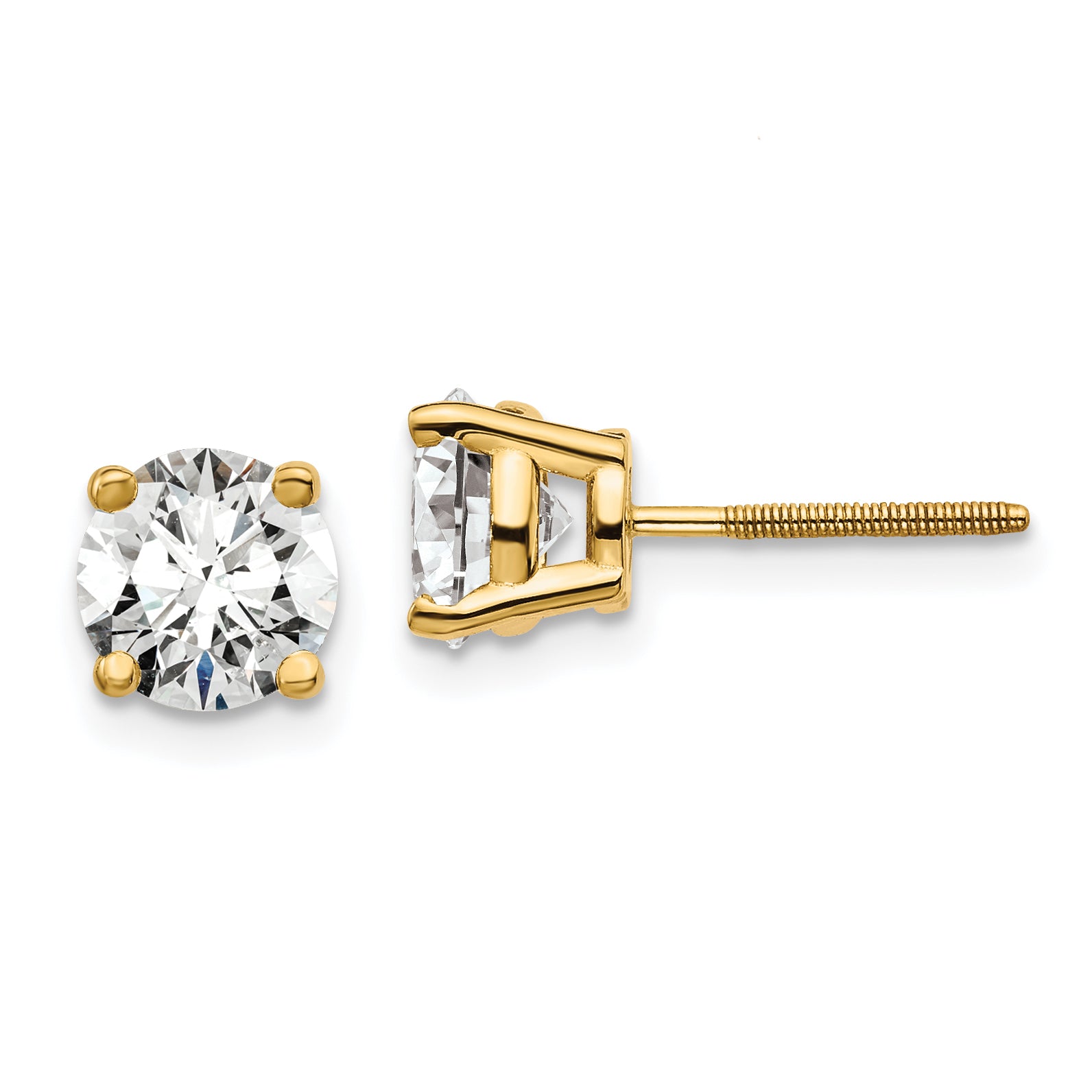 14K 2 Carat Total Weight Round Vs/Si Gh Lab Grown Diamond Screw Back 4 Prong Stud Post Earrings