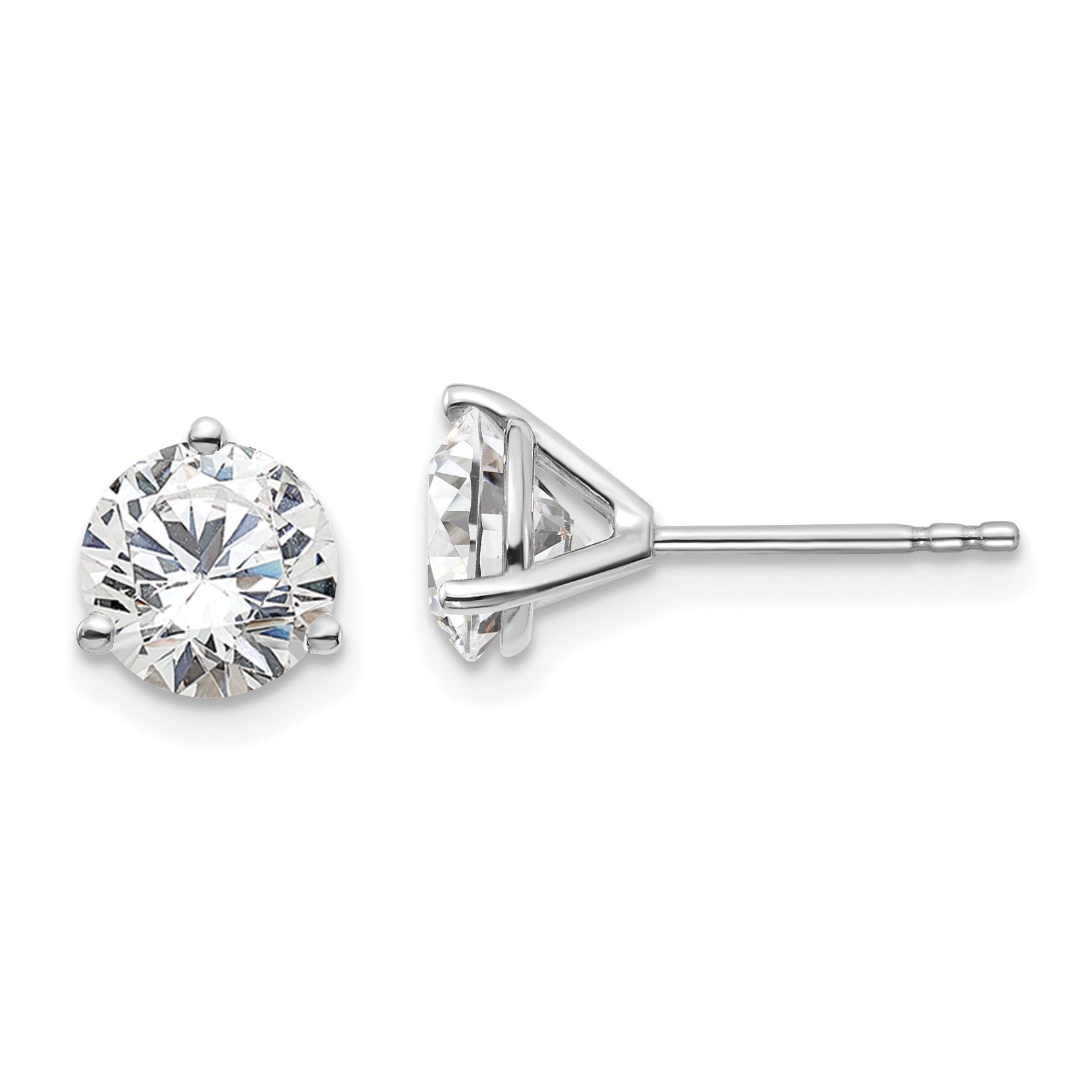 14K White Gold 2 Carat Total Weight Round Vs/Si Gh Lab Grown Diamond 3 Prong Stud Post Earrings