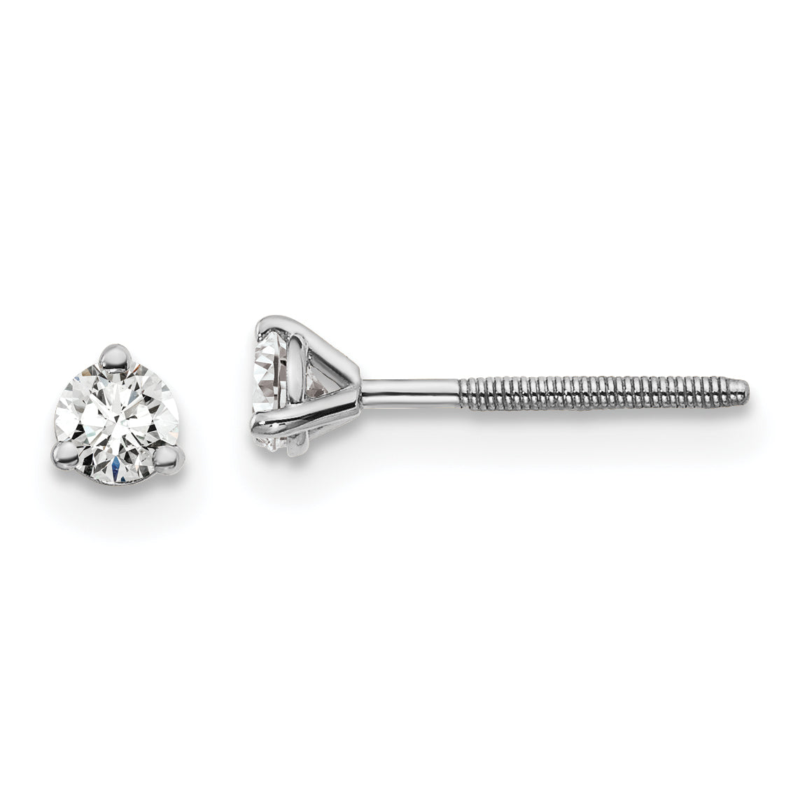 14K White Gold 1/5 Carat Total Weight Round Certified Vs/Si Gh Lab Grown Diamond Screw Back 3 Prong Stud Post Earrings