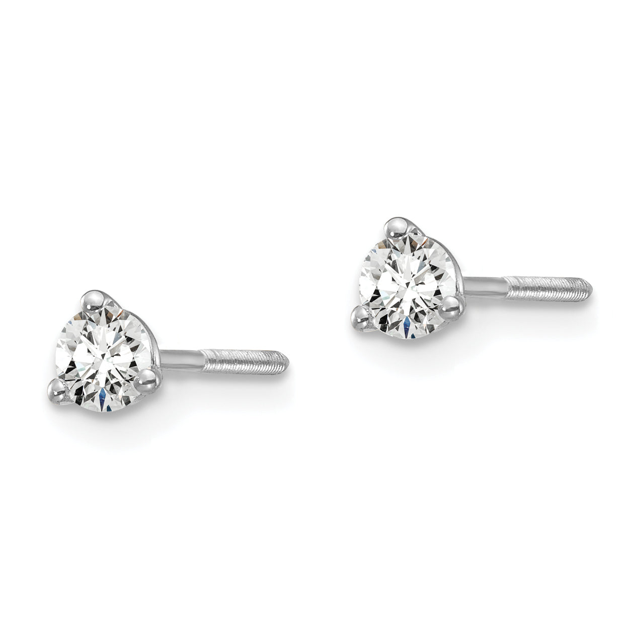 14K White Gold 1/4 Carat Total Weight Round Vs/Si Gh Lab Grown Diamond Screw Back 3 Prong Stud Post Earrings