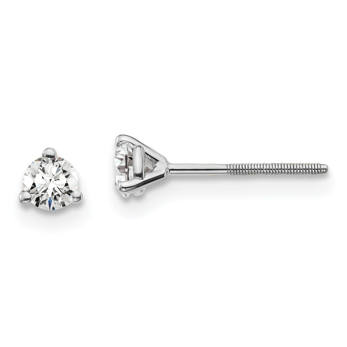 14K White Gold 1/4 Carat Total Weight Round Vs/Si Gh Lab Grown Diamond Screw Back 3 Prong Stud Post Earrings