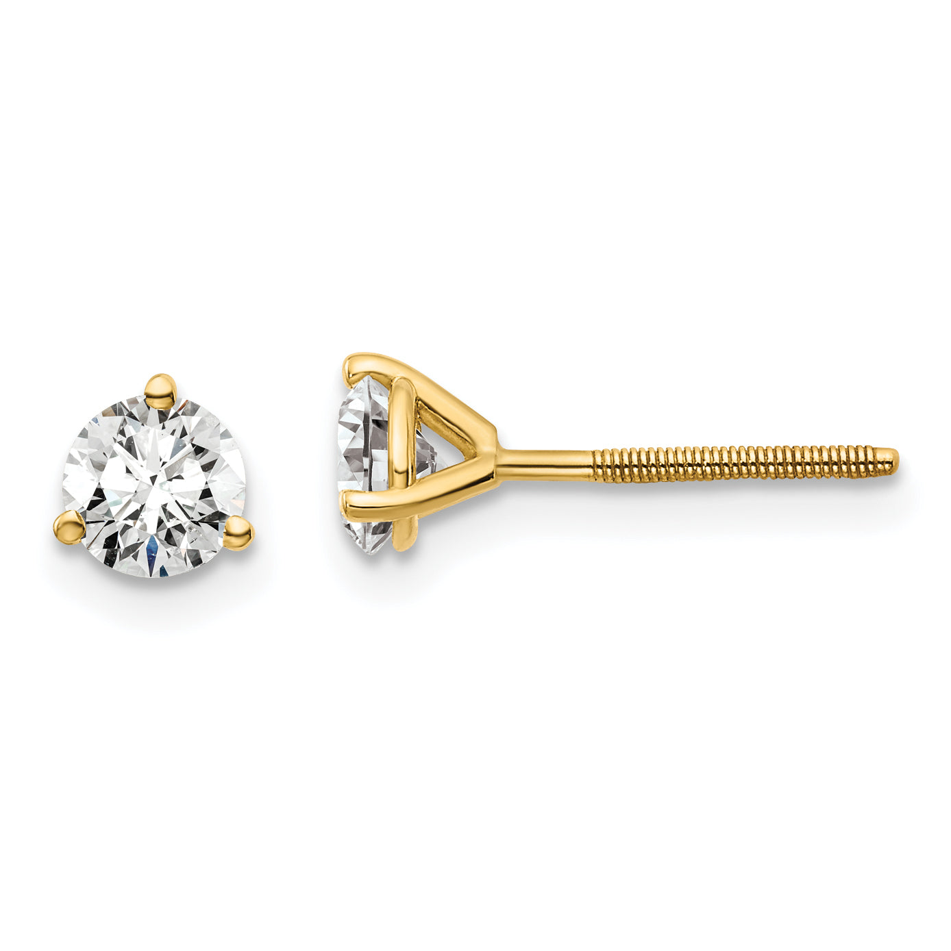 14K 3/4 Carat Total Weight Round Vs/Si Gh Lab Grown Diamond Screw Back 3 Prong Stud Post Earrings
