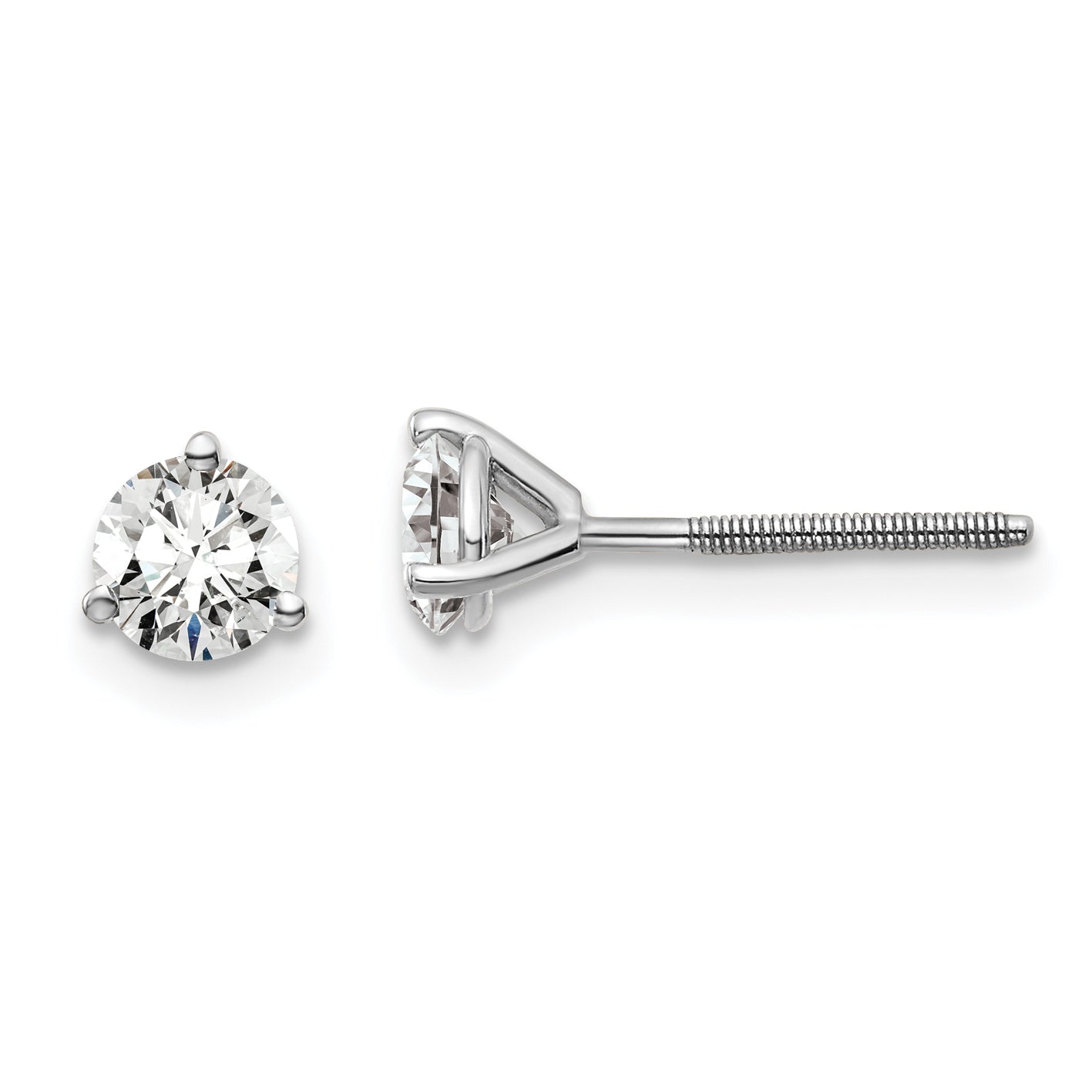 14K White Gold 3/4 Carat Total Weight Round Vs/Si Gh Lab Grown Diamond Screw Back 3 Prong Stud Post Earrings