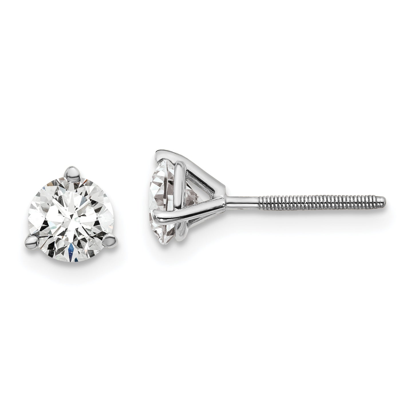 14K White Gold 1 Carat Total Weight Vs/Si Def Round Certified Lab Grown Diamond Screw Back 3 Prong Stud Post Earrings