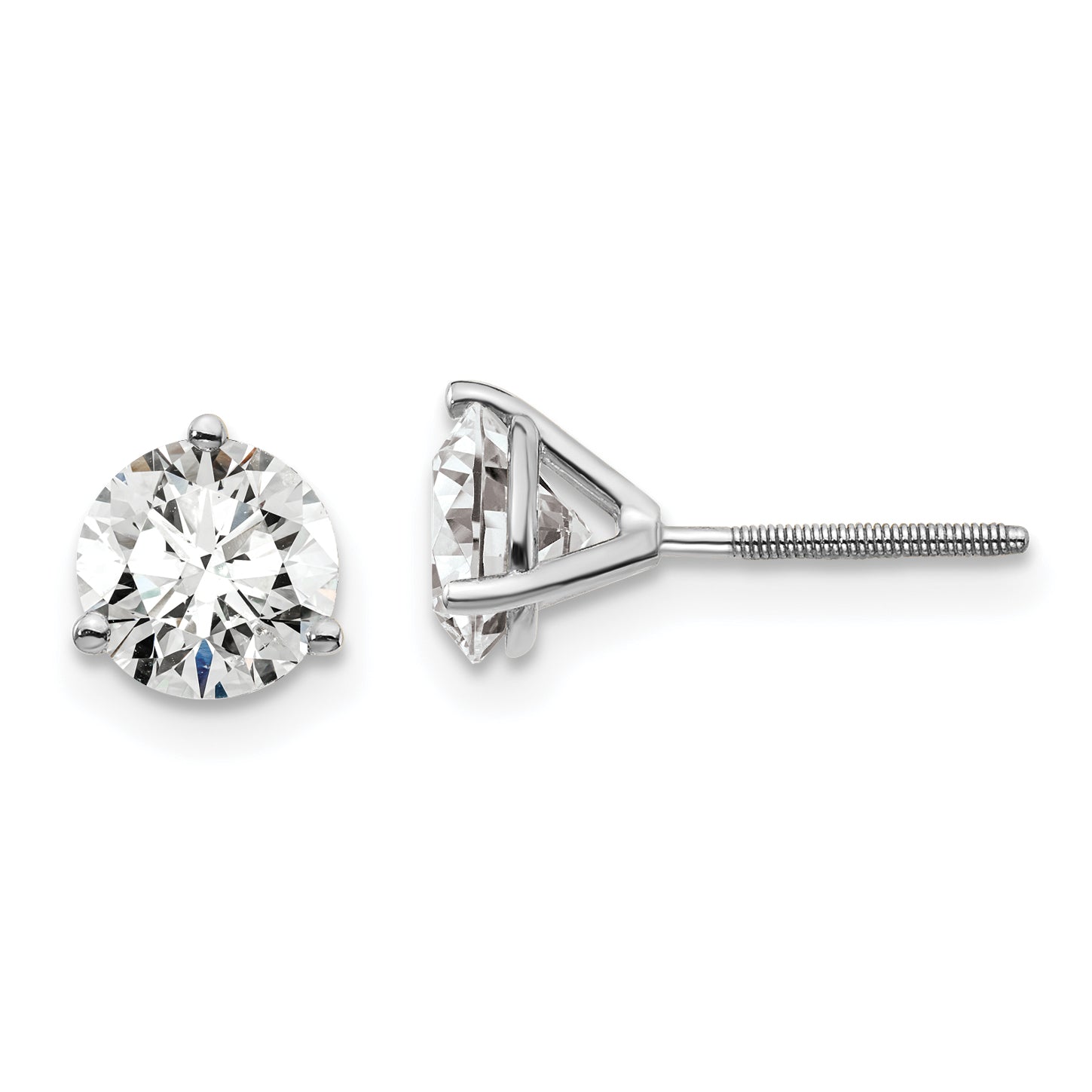 14K White Gold 1 1/2 Carat Total Weight Round Certified Vs/Si Gh Lab Grown Diamond Screw Back 3 Prong Stud Post Earrings