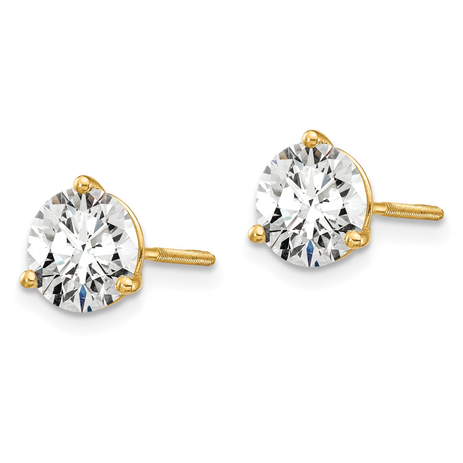 14K 2 Carat Total Weight Round Vs/Si Gh Lab Grown Diamond Screw Back 3 Prong Stud Post Earrings