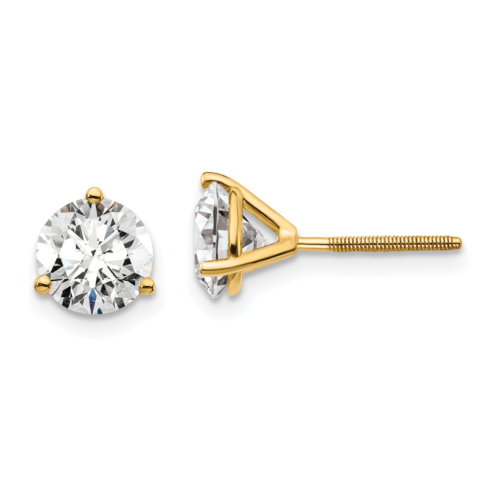 14K 2 Carat Total Weight Round Vs/Si Gh Lab Grown Diamond Screw Back 3 Prong Stud Post Earrings