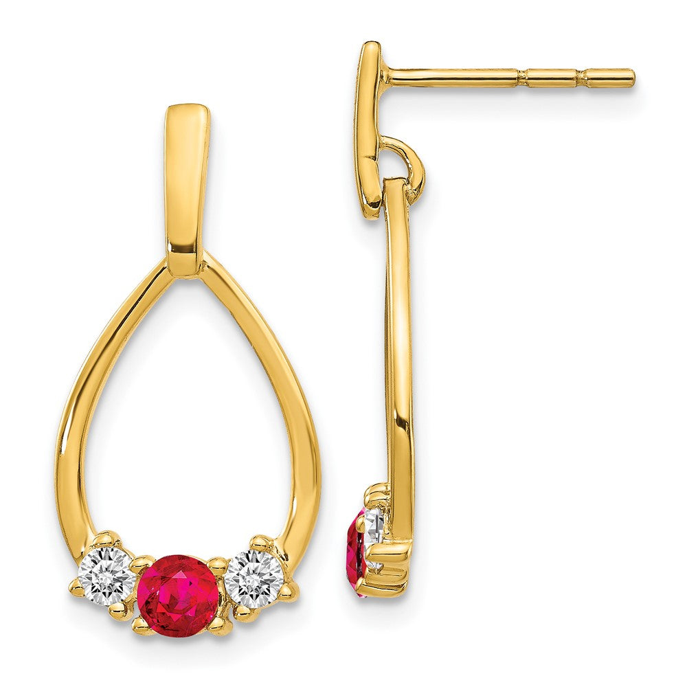 14K Lab Grown VS/SI FGH Dia and Created Ruby Post Dangle Earrings