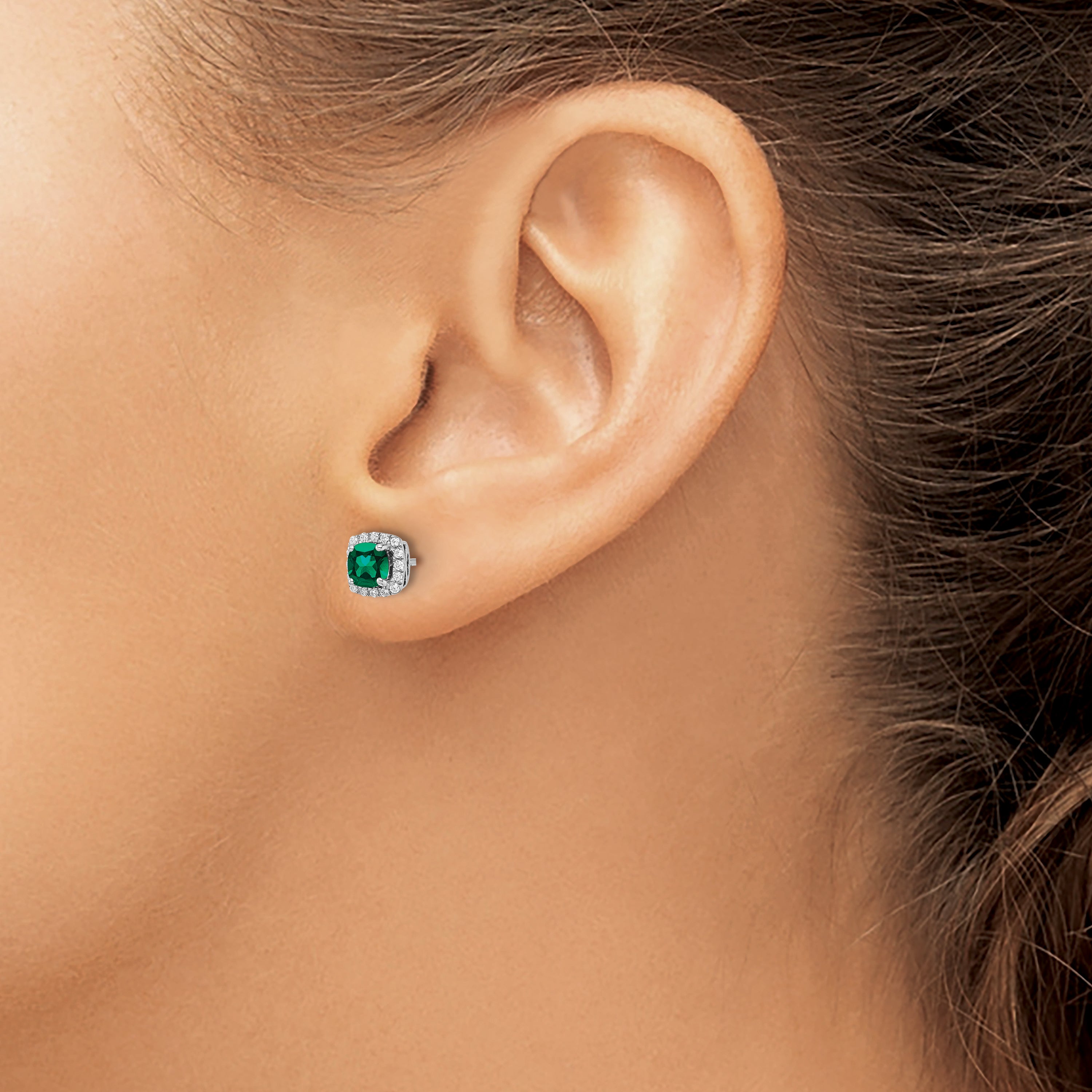 10K White Gold Lab Grown Vs/Si Fgh Dia & Cr Emerald Halo Post Earrings