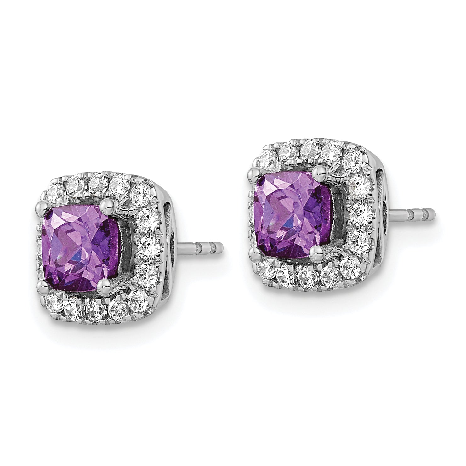 14K White Gold Lab Grown Vs/Si Fgh Dia And Amethyst Halo Post Earrings