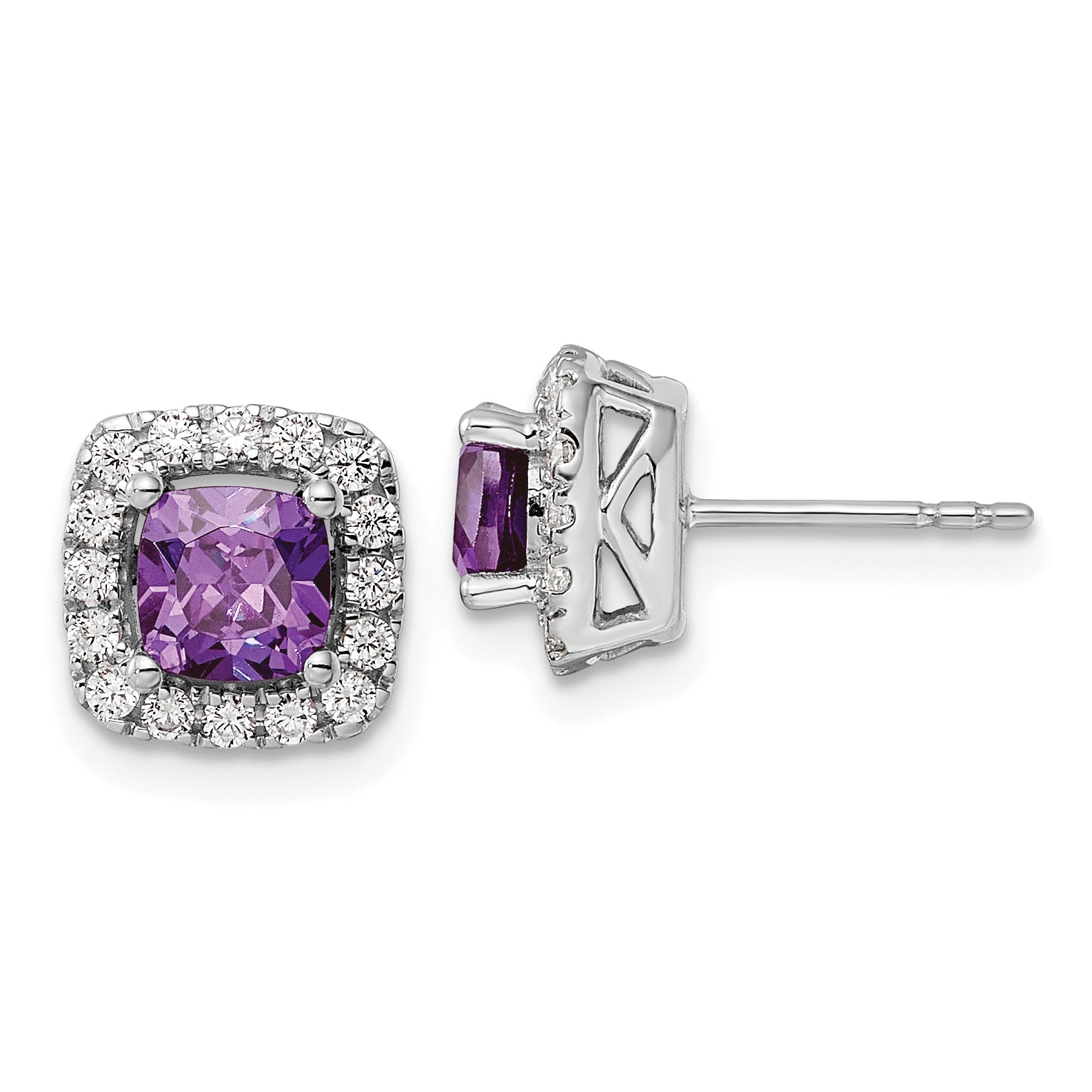 14K White Gold Lab Grown Vs/Si Fgh Dia And Amethyst Halo Post Earrings