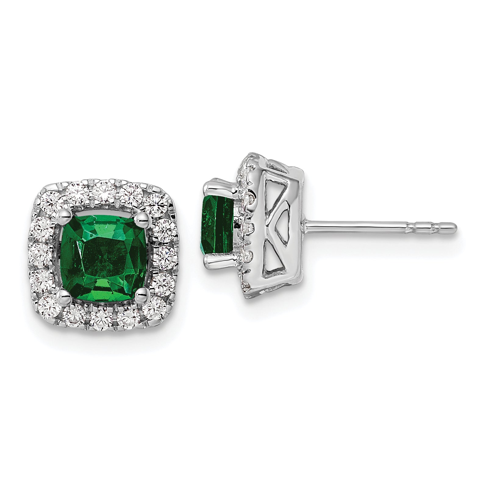 14K White Gold Lab Grown Vs/Si Fgh Dia And Created Emerald Halo Post Earrin