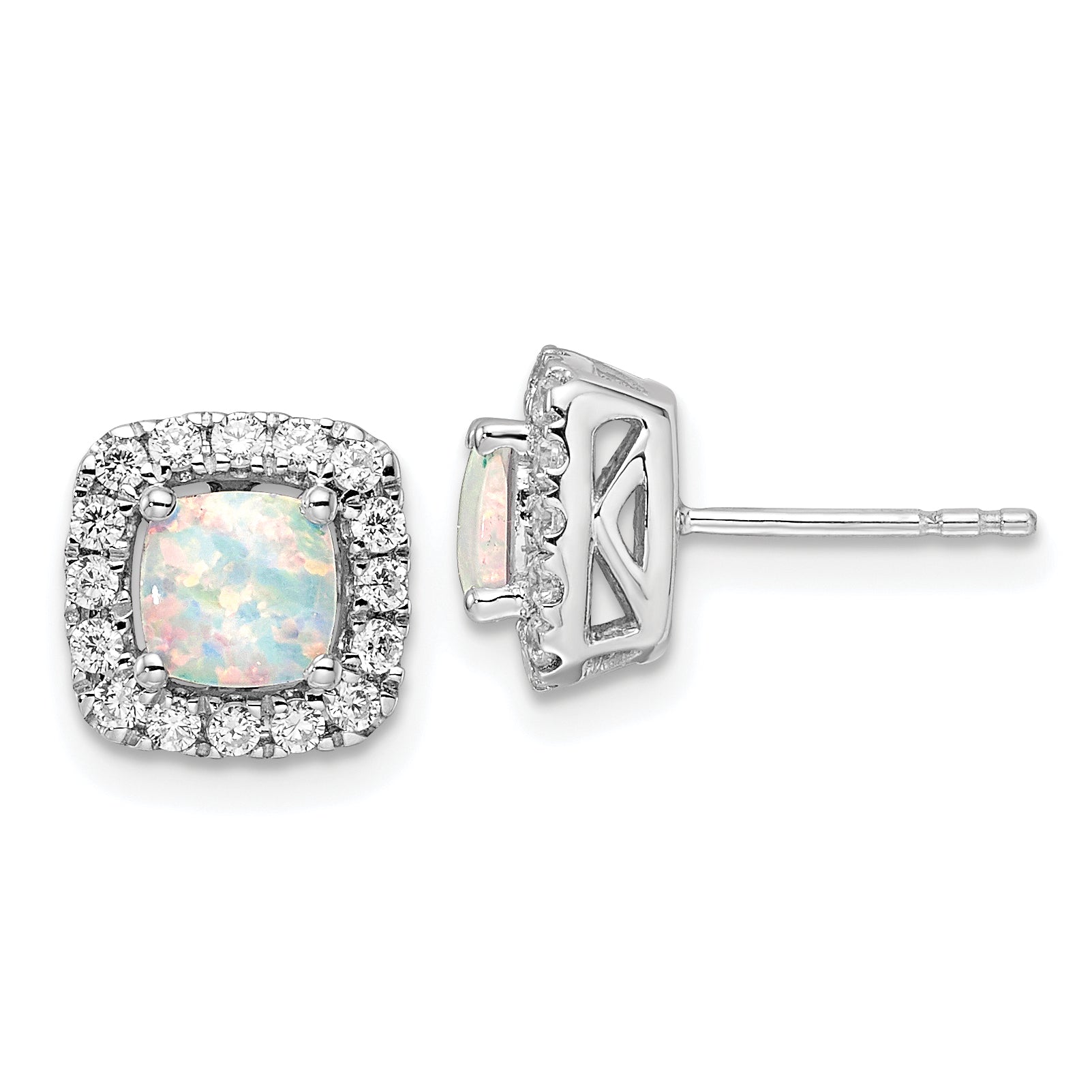 14K White Gold Lab Grown Vs/Si Fgh Dia And Opal Halo Post Earrings