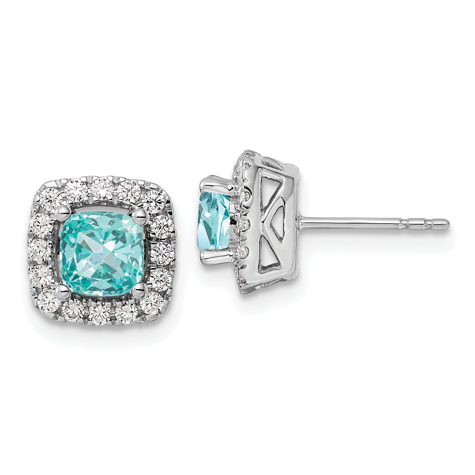 14K White Gold Lab Grown Vs/Si Fgh Dia And Cr Paraiba Halo Post Earrings