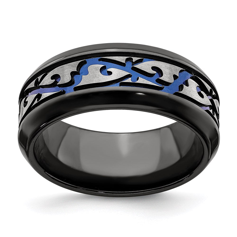 Edward Mirell Black Ti Scroll Pattern Blue Anodized 9mm Band