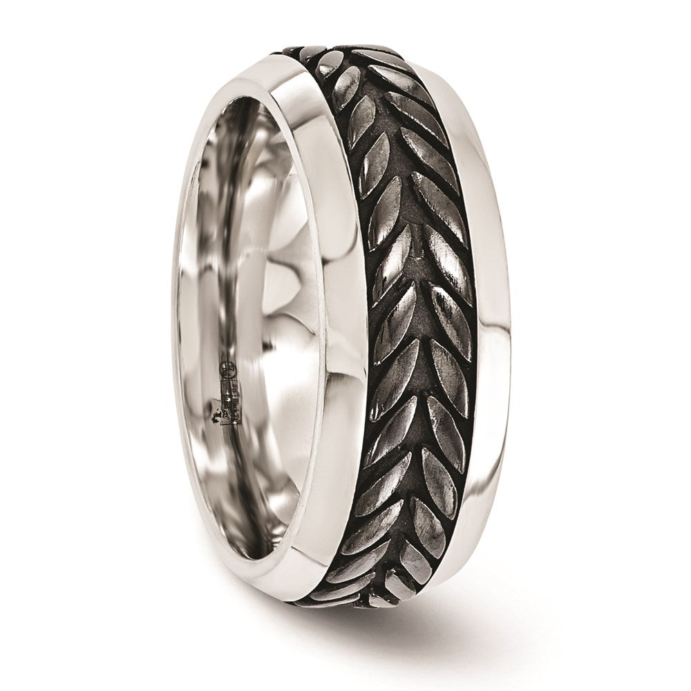 Edward Mirell Stainless Steel and Black Ti Rope Design Beveled Casted 9mm Band