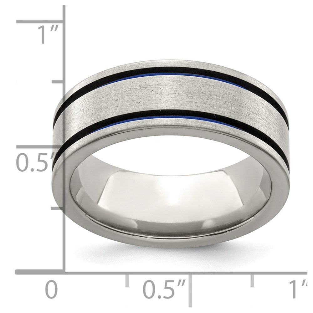 Edward Mirell Titanium Brushed with Blue Anodized Double Groove Flat 8mm Band