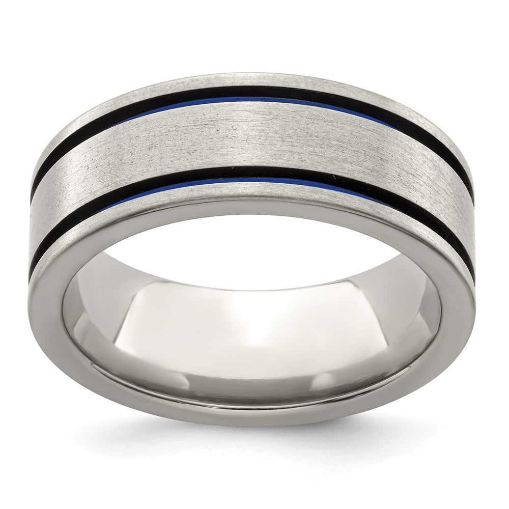 Edward Mirell Titanium Brushed with Blue Anodized Double Groove Flat 8mm Band