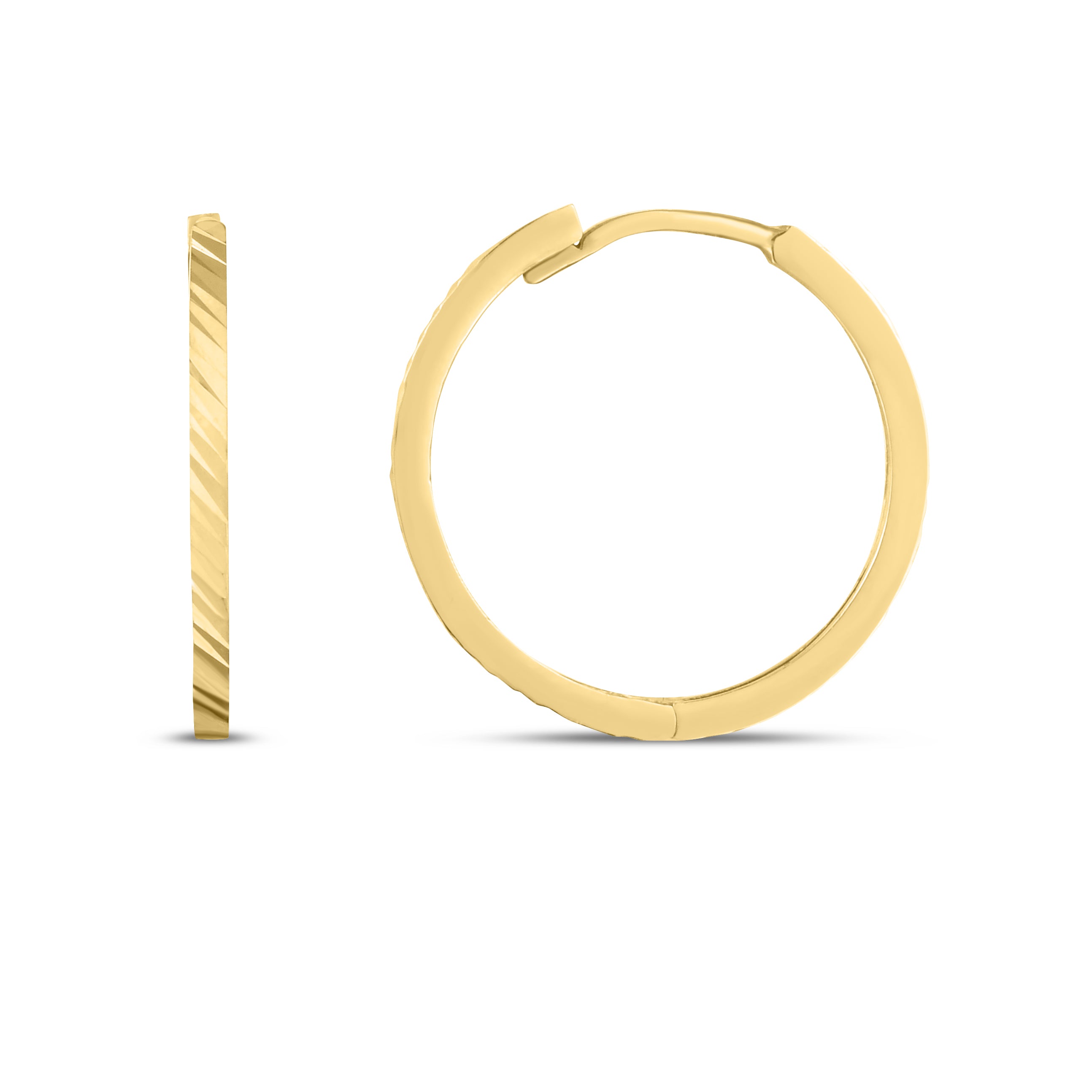 14K Yellow Gold Diamond Cut Round Hoops With Snap Clasp