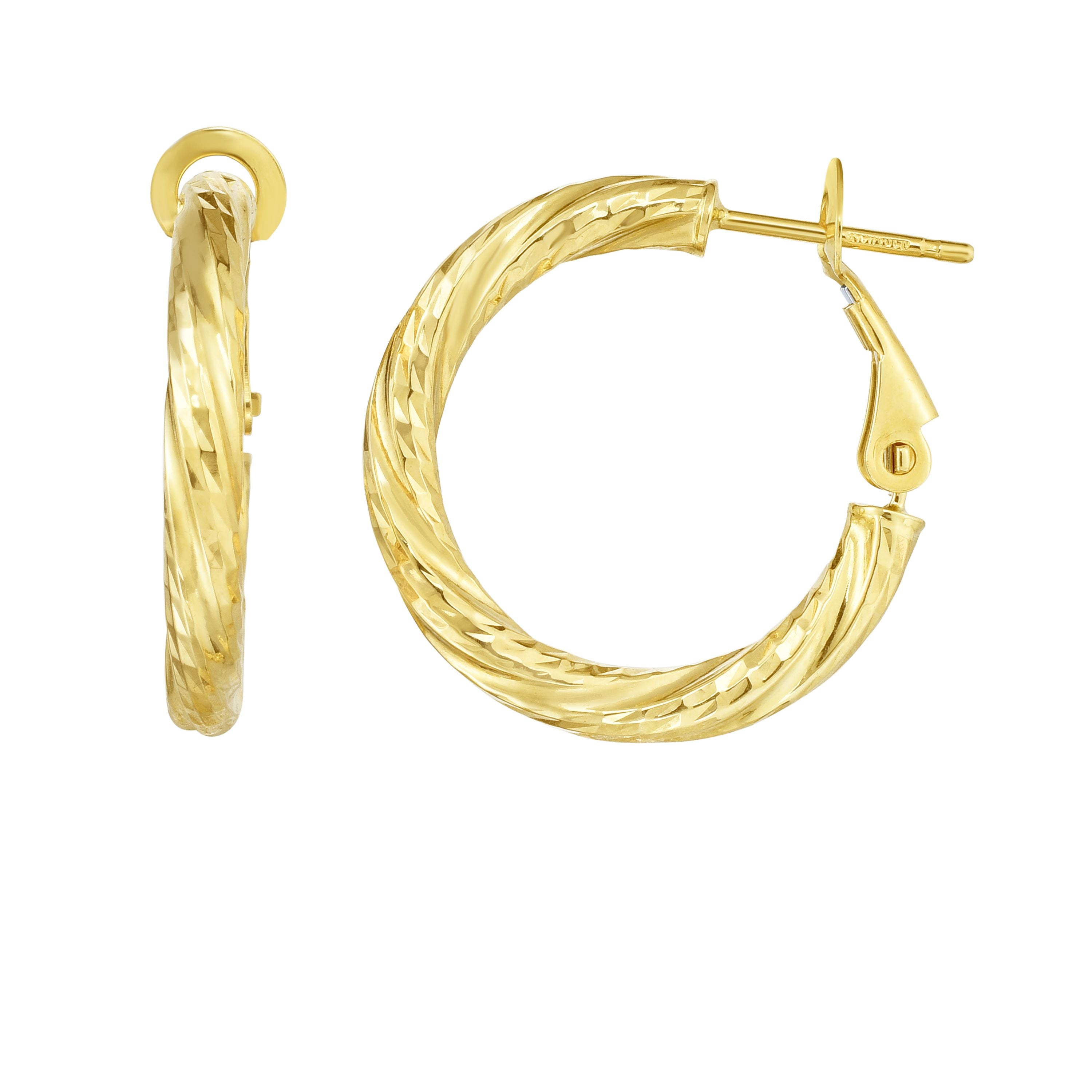 14K Yellow Gold 3X15Mm Diamond Cut Twist Omega Back Hoop Earring