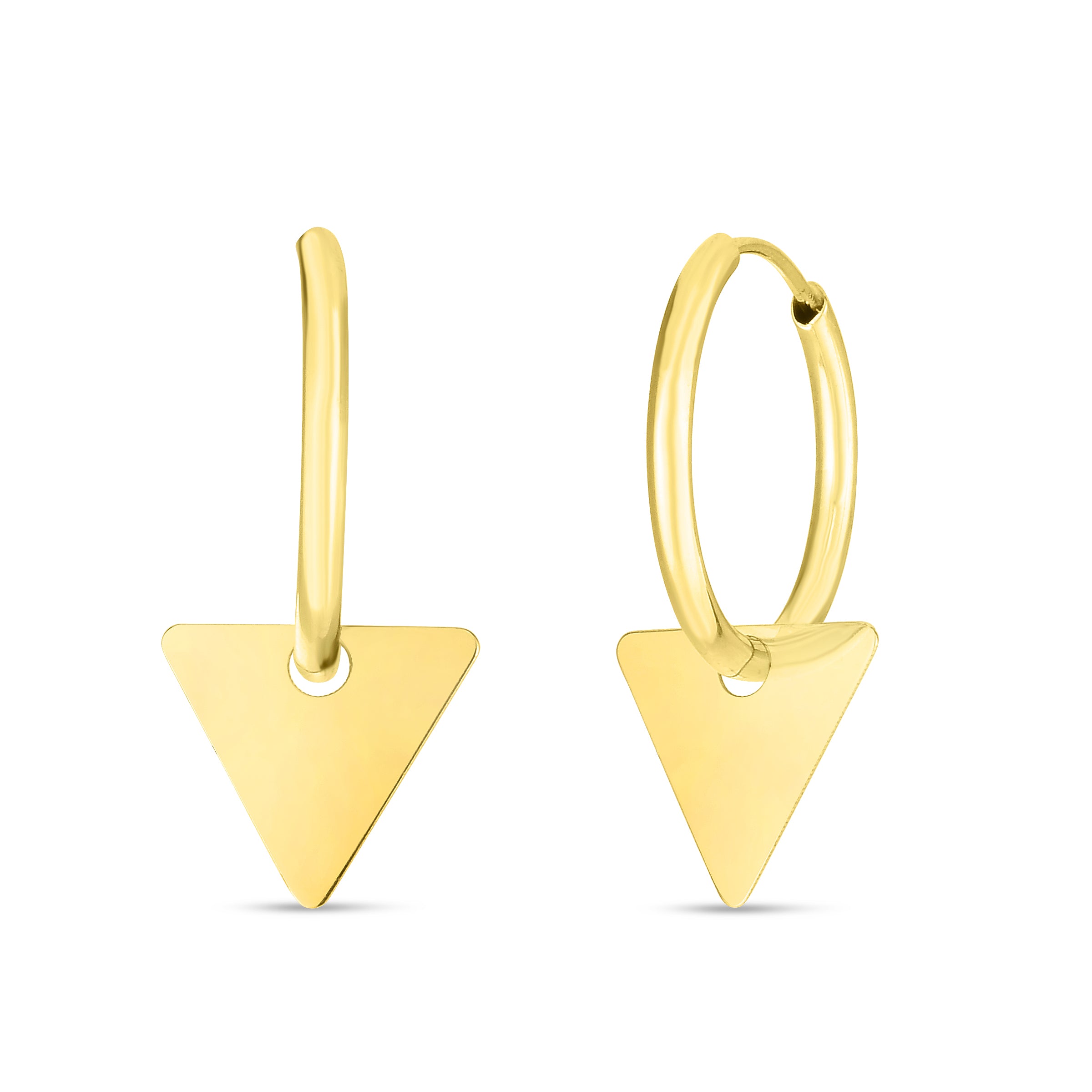 14K Yellow Gold Dangle Triangle Drop Element on Endless Huggie Hoop