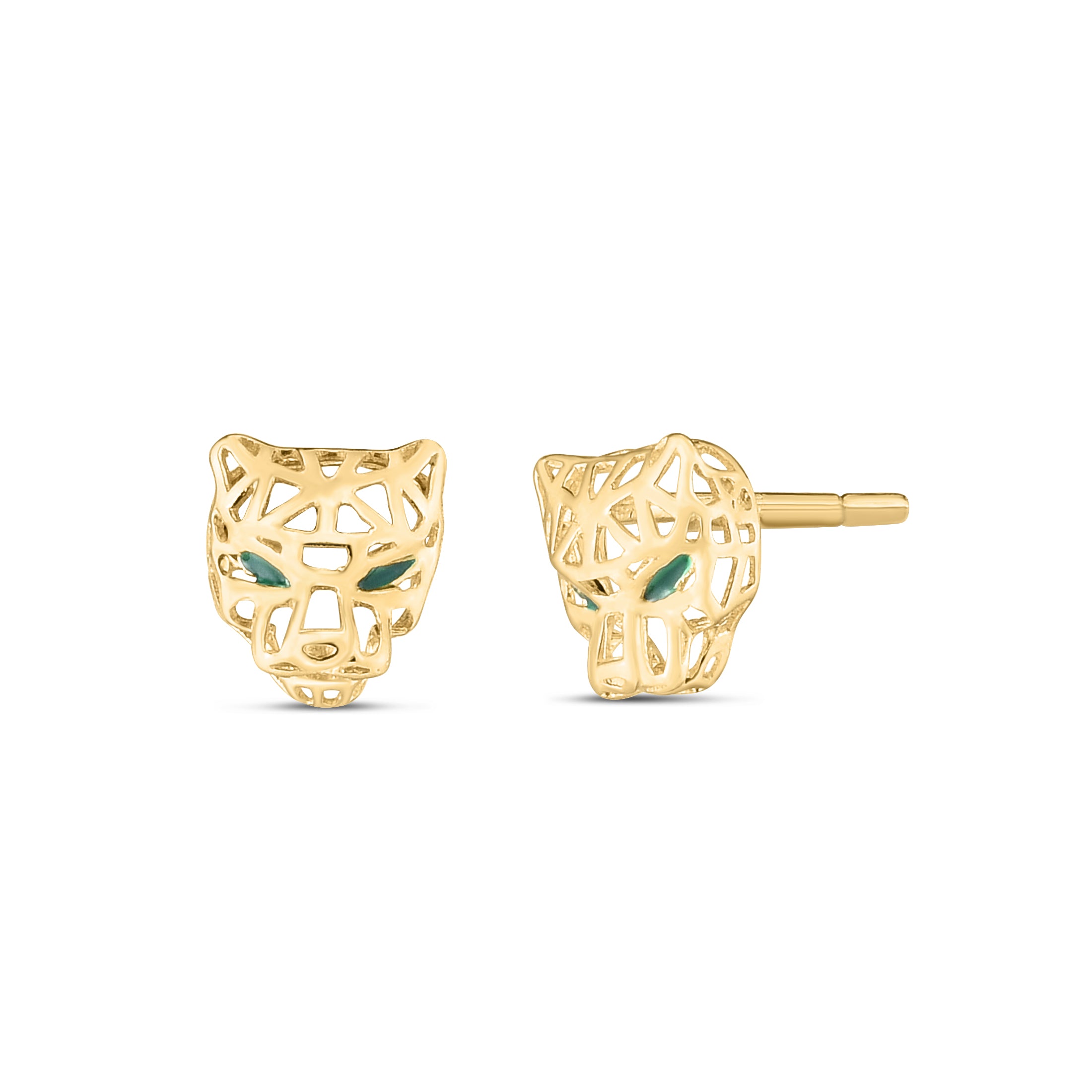 14K Yellow Gold Panther Earrings With Green Enamel Accent, Push Back Clasp.