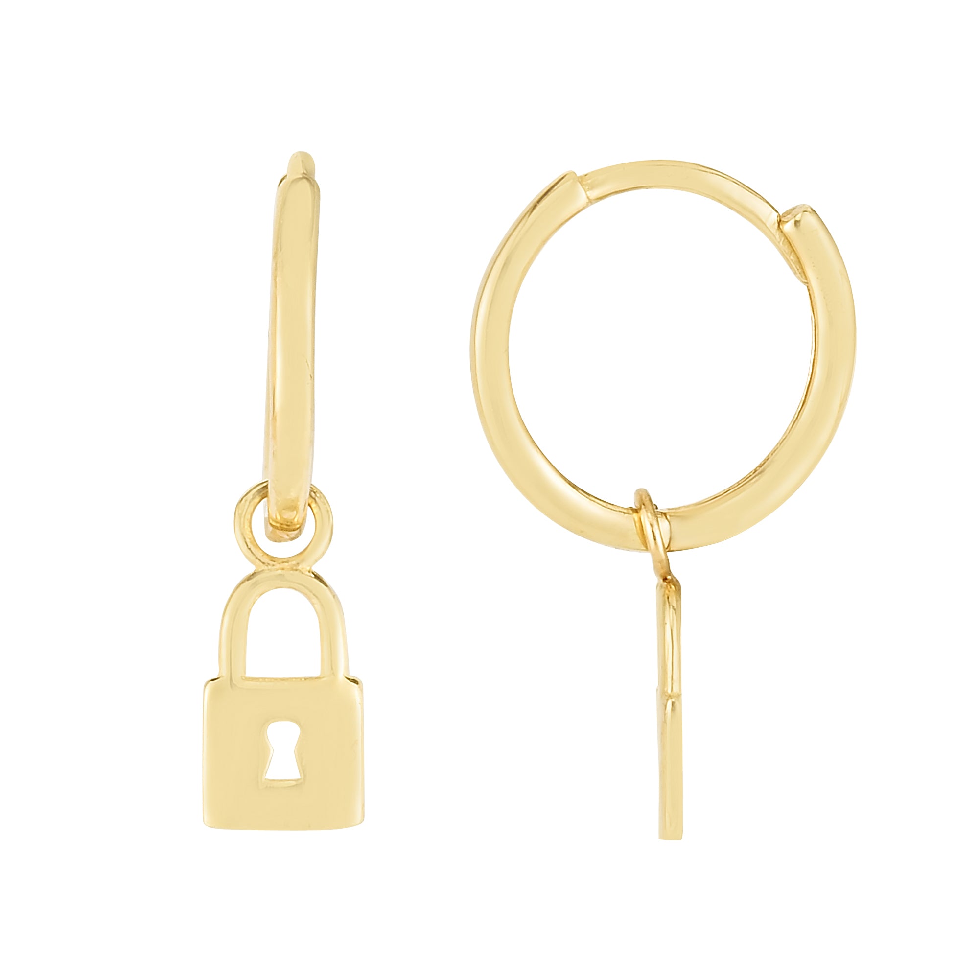 14K Yellow Gold Huggies with Lock Dangling Charm