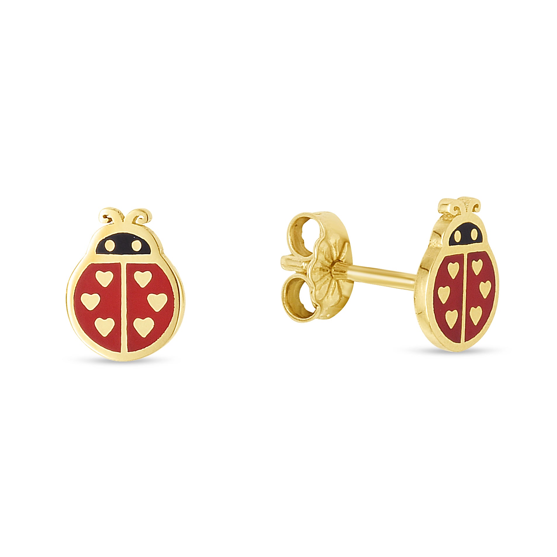 14K Yellow Gold Ladybug Enamel Earrings