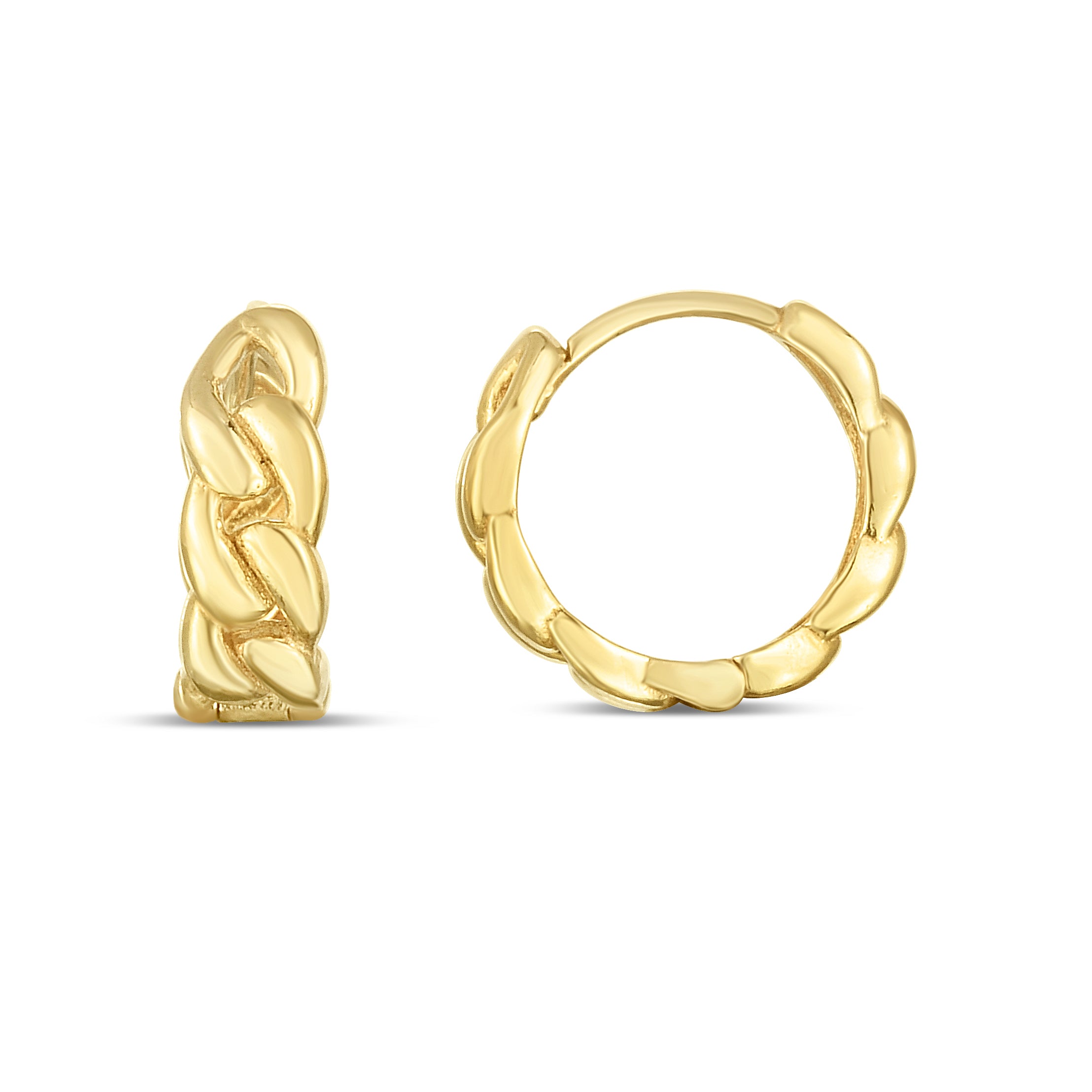 14K Yellow Gold Polished Thick Curb Chain Huggie Hoops With Snap Clasp