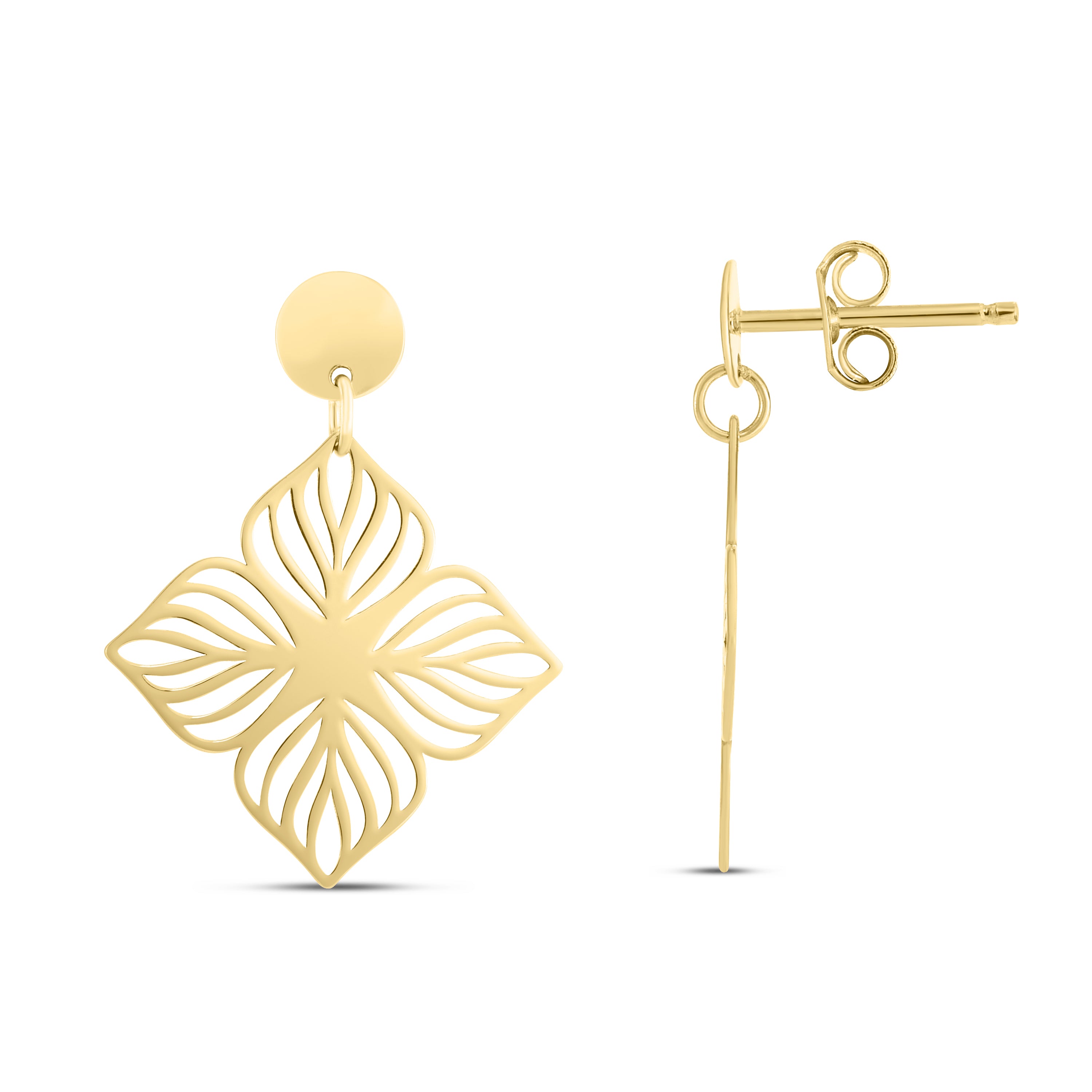 14K Yellow Gold Polished Flower Stencil Cutout Drop Earrings With Push Back Clasp