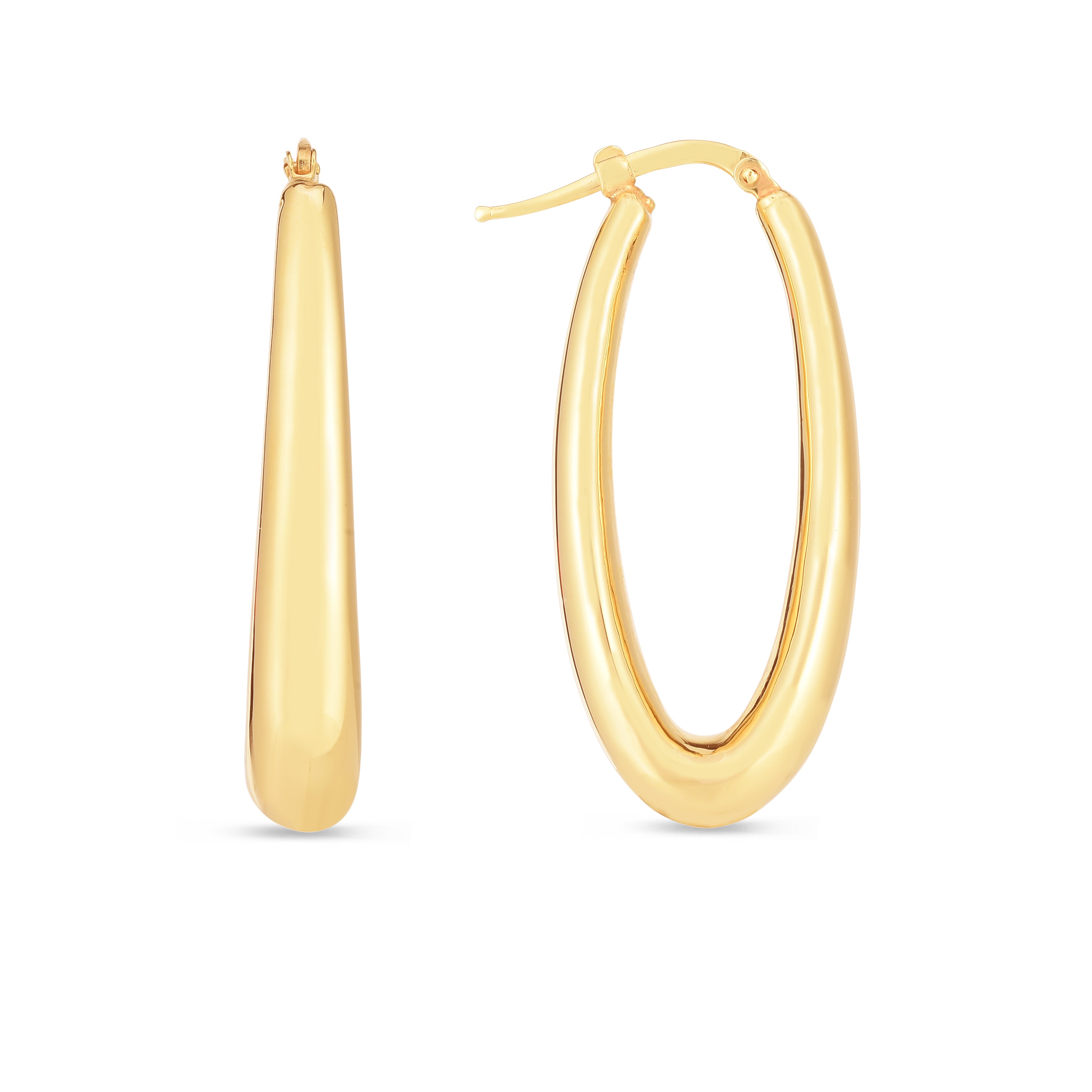 14K Yellow Gold Elongated Oval Hoop Earrings With Hinged Clasp