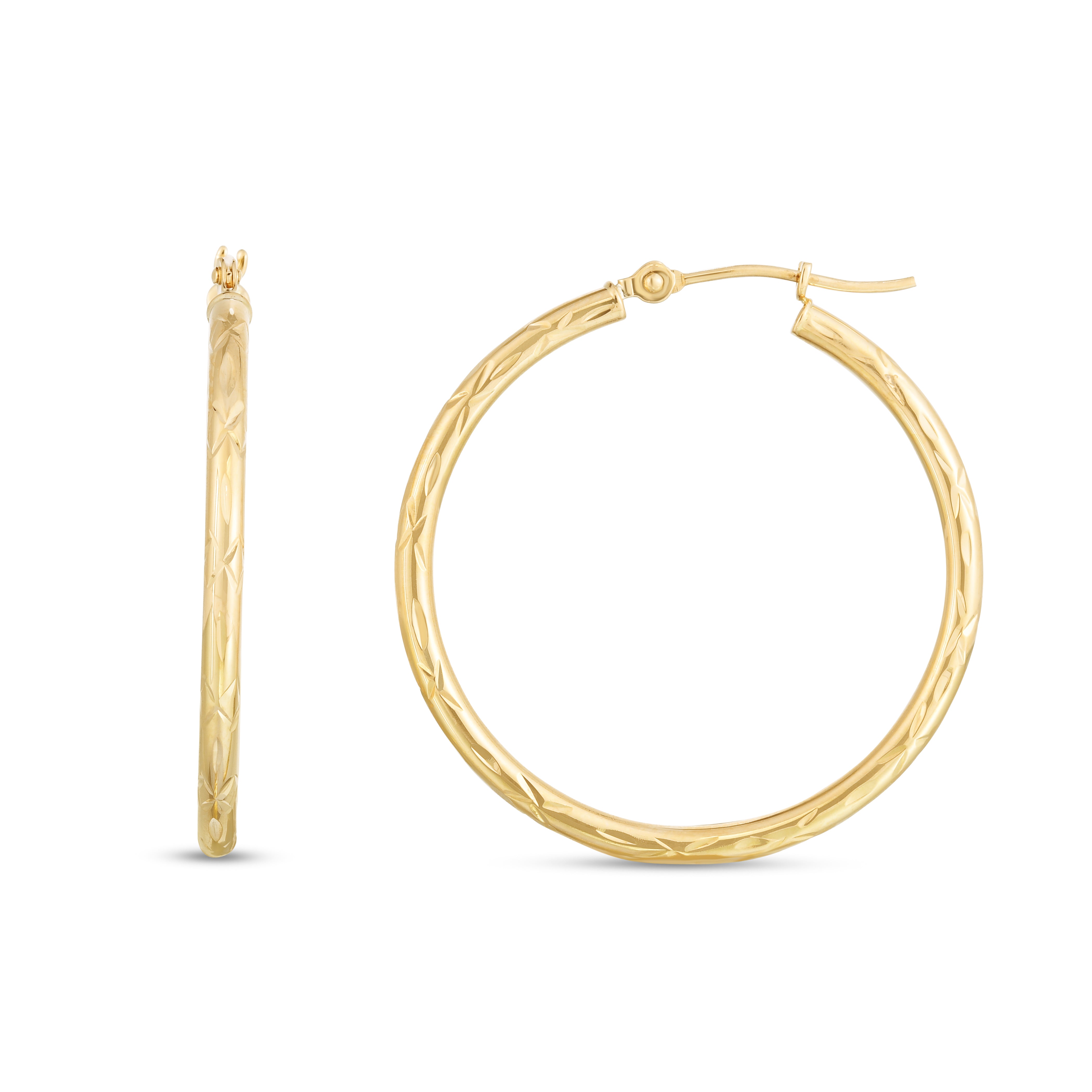 14K Yellow Gold Diamond Cut Round 2Mm Hoop Earrings With Hinged Clasp