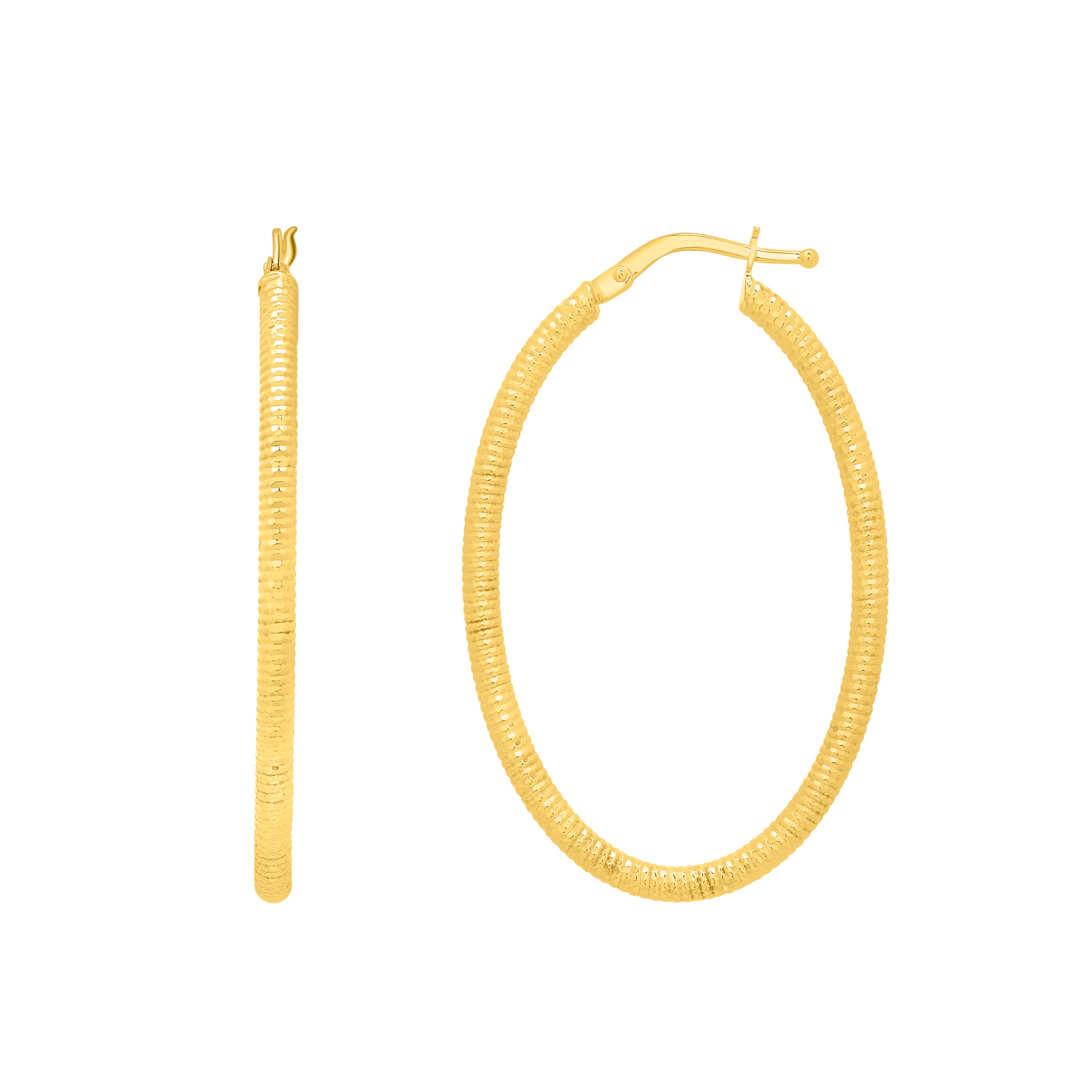 14K Yellow Gold 2x35mm Oval Diamond Cut Hoop Earring