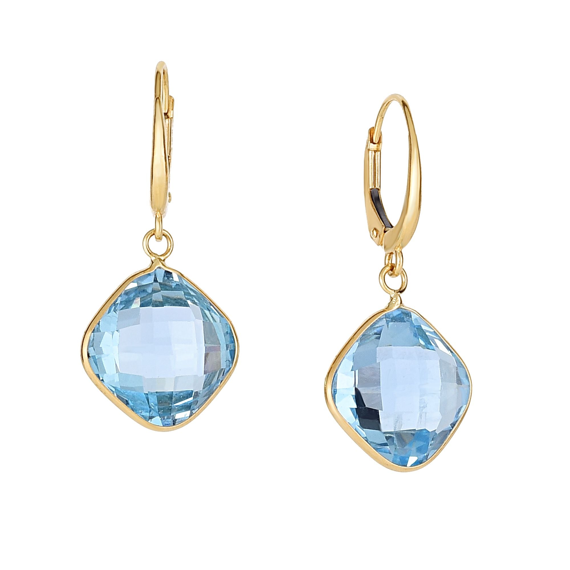 14K Yellow Gold Blue Topaz Cushion Drop Earrings