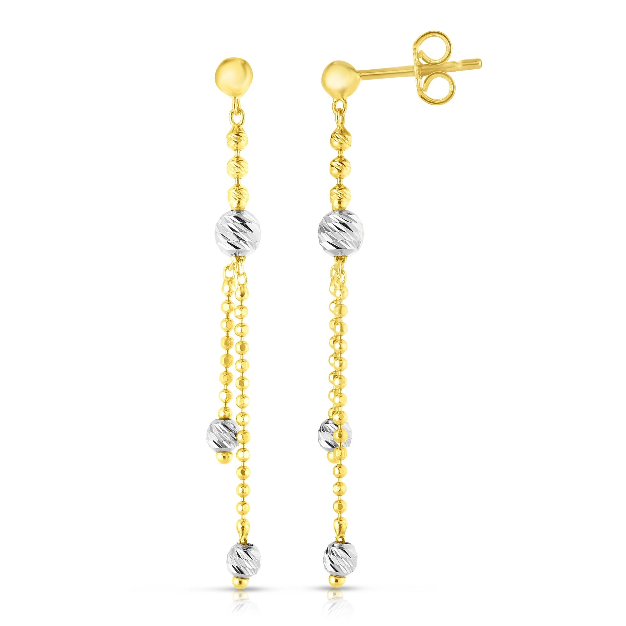 14K Yellow & White Gold Diamond Cut Bead Station Drop Earring