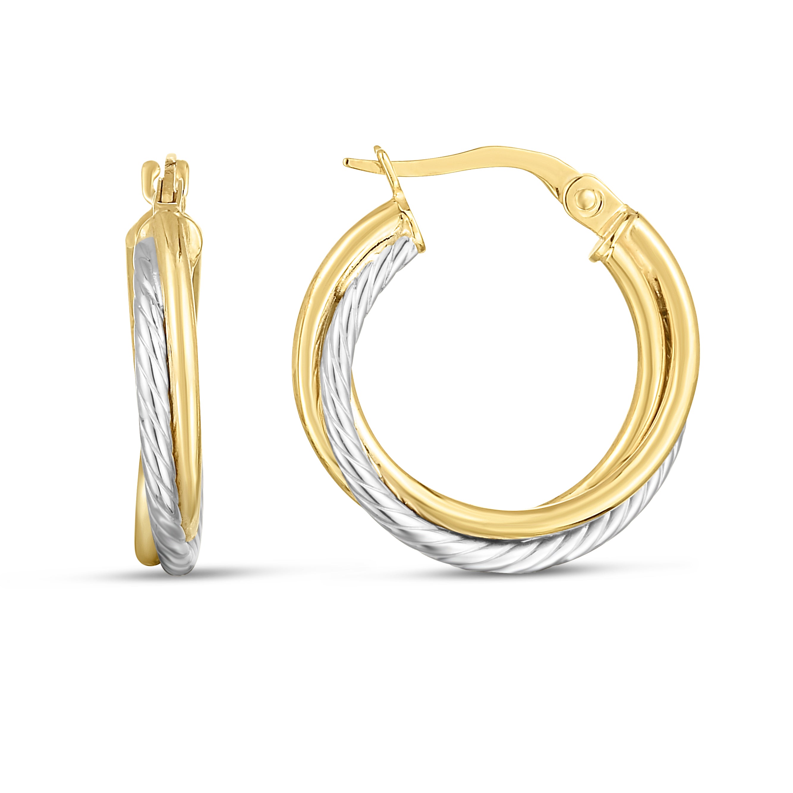 14K Yellow And White Gold Polished Twisted Hoops With Hinged Clasp